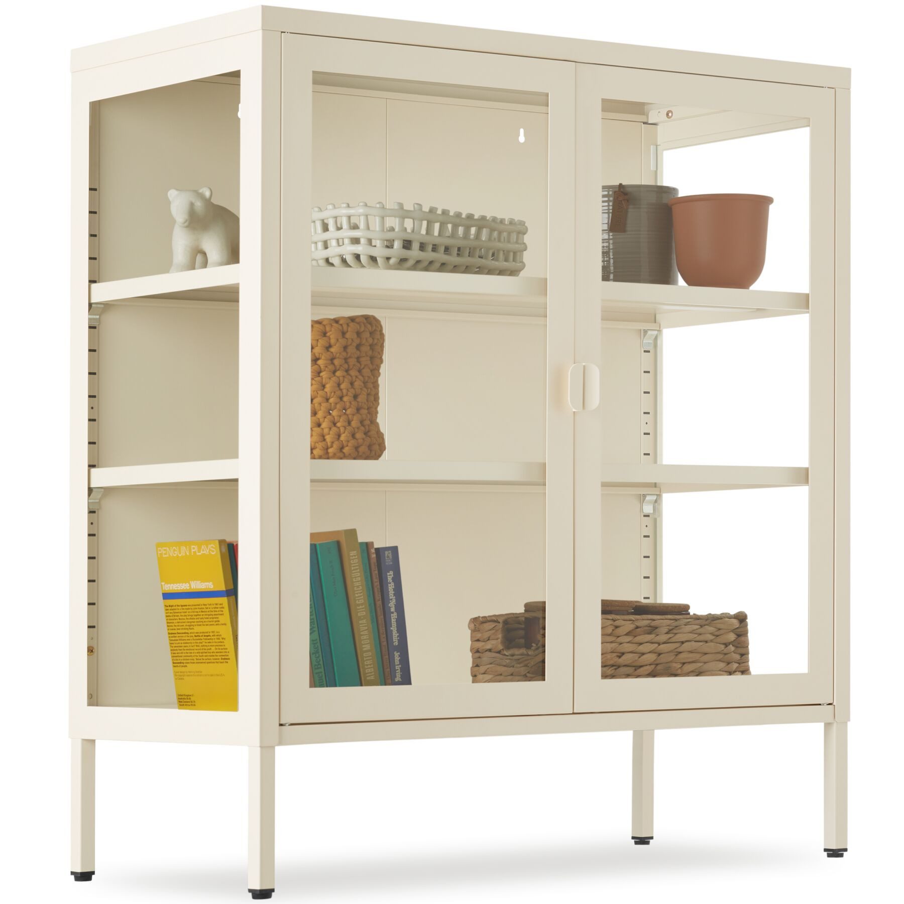 tectake Lowboard Glasvitrine mit Magnetverschluss, verstellbare Zwischenböden (Standvitrine Baker, in Creme), Höhenverstellbare Füße, pulverbeschichteter Stahl, Maße 80x37x90,5 cm