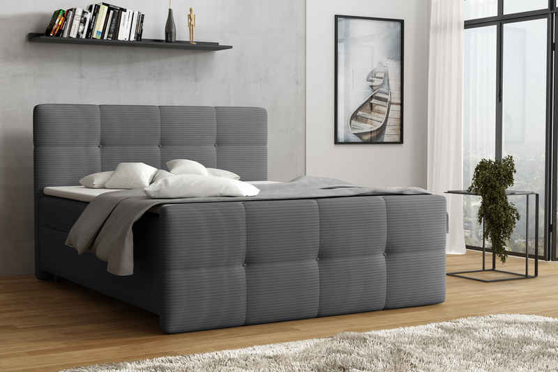 Deine Möbel 24 Boxspringbett STEVE Boxspring Komplettbett Polsterbett Bonellfederkernmatratzen (Set, 4-St., Matratzen H3 / H4 optional), 120x200 140x200 160x200 180x200 200x200 Cord Cord-Stoff