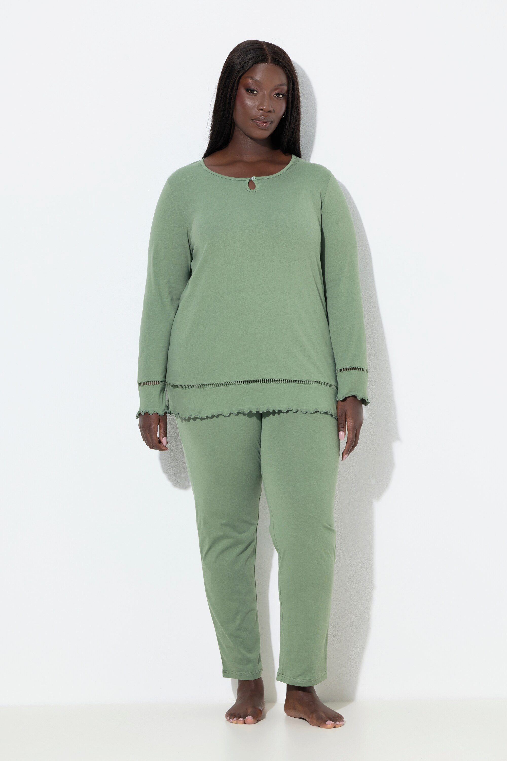 Ulla Popken Pyjama Pyjama Hohlsaum Wellenkanten Rundhals Langarm