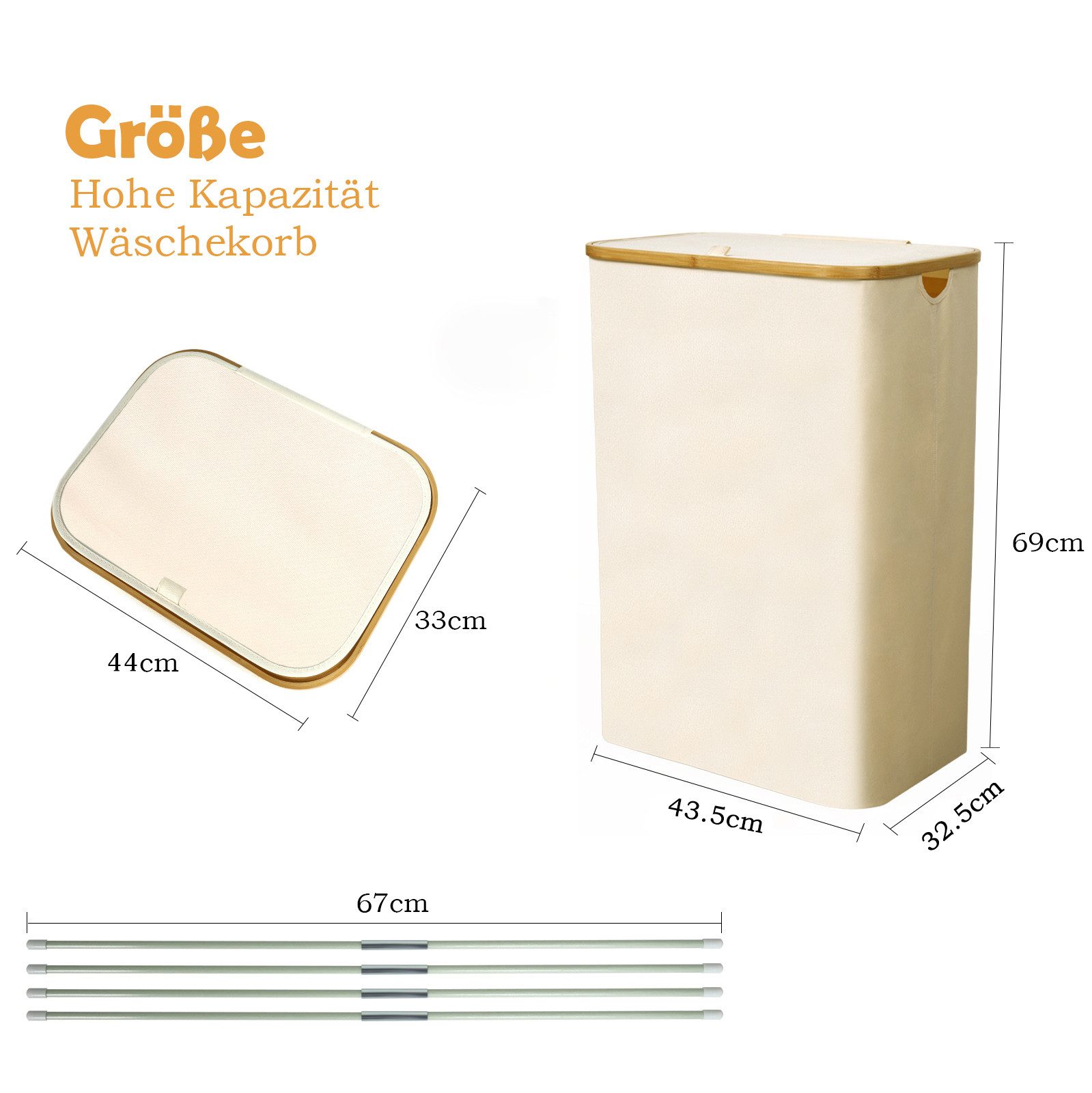 CALIYO Wäschekorb mit Deckel, 100 L, herausnehmbarer Wäschesack, Griffe aus Bambus, Faltbar
