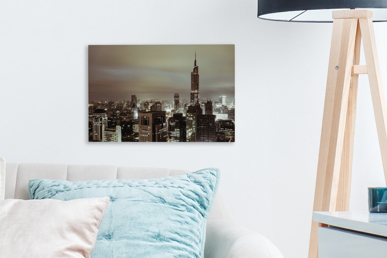 OneMillionCanvasses® Leinwandbild Skyline St), (1 von Nanjing am 30x20 Leinwandbilder, Abend, Wanddeko, Aufhängefertig, cm Wandbild