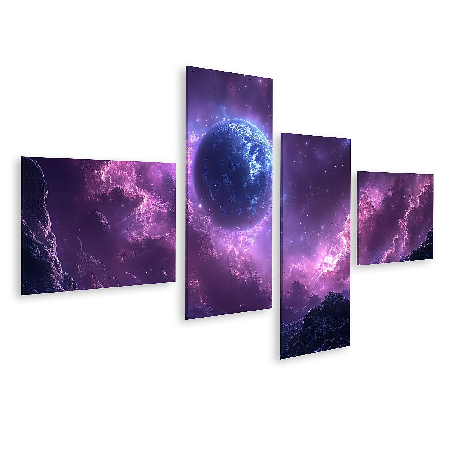 Leinwandbild Mystischer Planet schwebt im lila Universum im lilafarbenen All - für