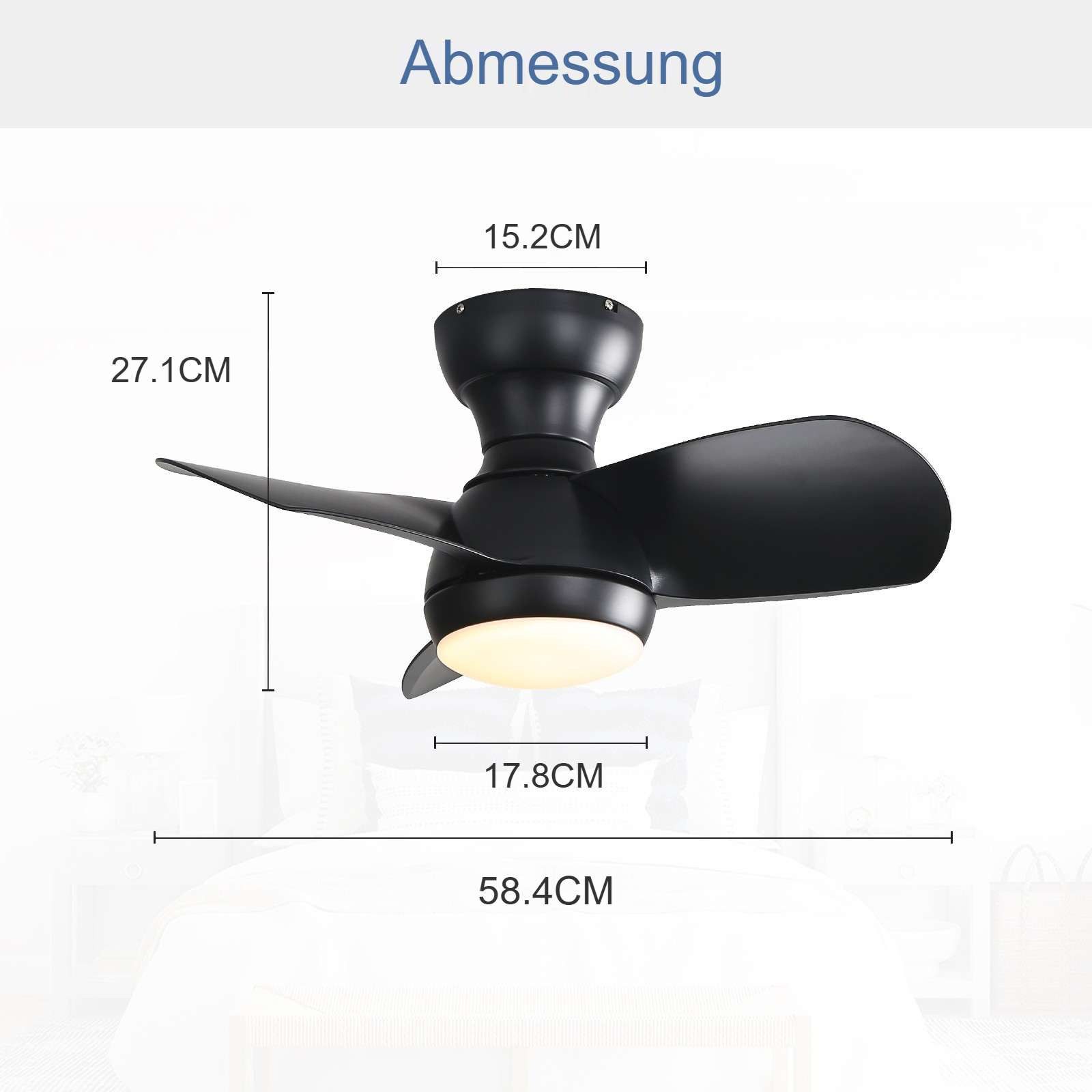 Sofucor Deckenventilator Kleinventilator mit LED-Licht und Fernbedienung, 3 MDF-Flügel, 58cm, Schwarz Timer, 3 Farbtemperatur, 6 Geschwindigkeiten