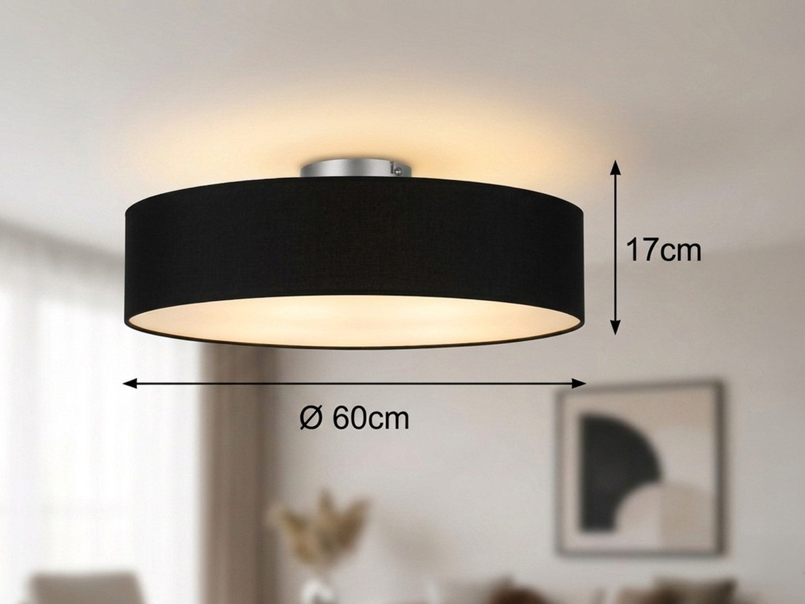 meineWunschleuchte Deckenleuchte mit Stoff Lampenschirm Schwarz Ø 60cm, ohne Leuchtmittel, große Stoff-Lampe, gemütliche Deckenlampe, E14 Schlafzimmerlampe – Bild 4 von 5