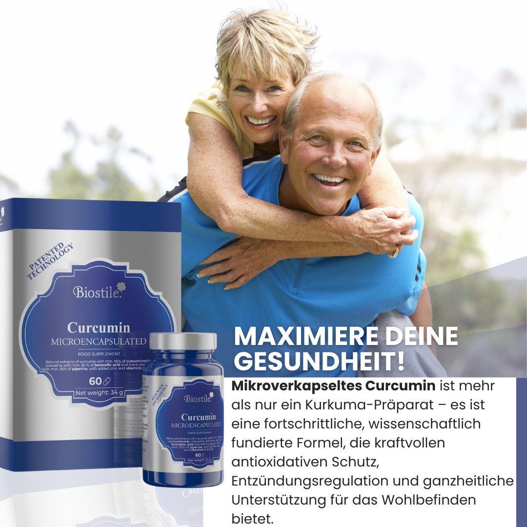 Biostile Mikroverkapseltes Curcumin aus Kurkuma für Zellschutz, Kapseln, 34 g, Mikroverkapselt für bessere Aufnahme, Mit Piperin, 60 Kapseln