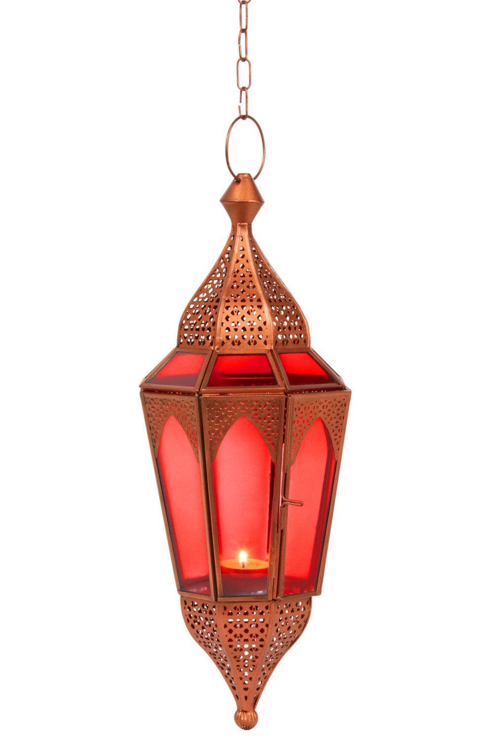 Marrakesch Orient & Mediterran Interior Hängewindlicht Hängelaterne Lalita, kupferfarbenes Metall, Glas Rot, Dekor, 41 cm (1 St), Handarbeit