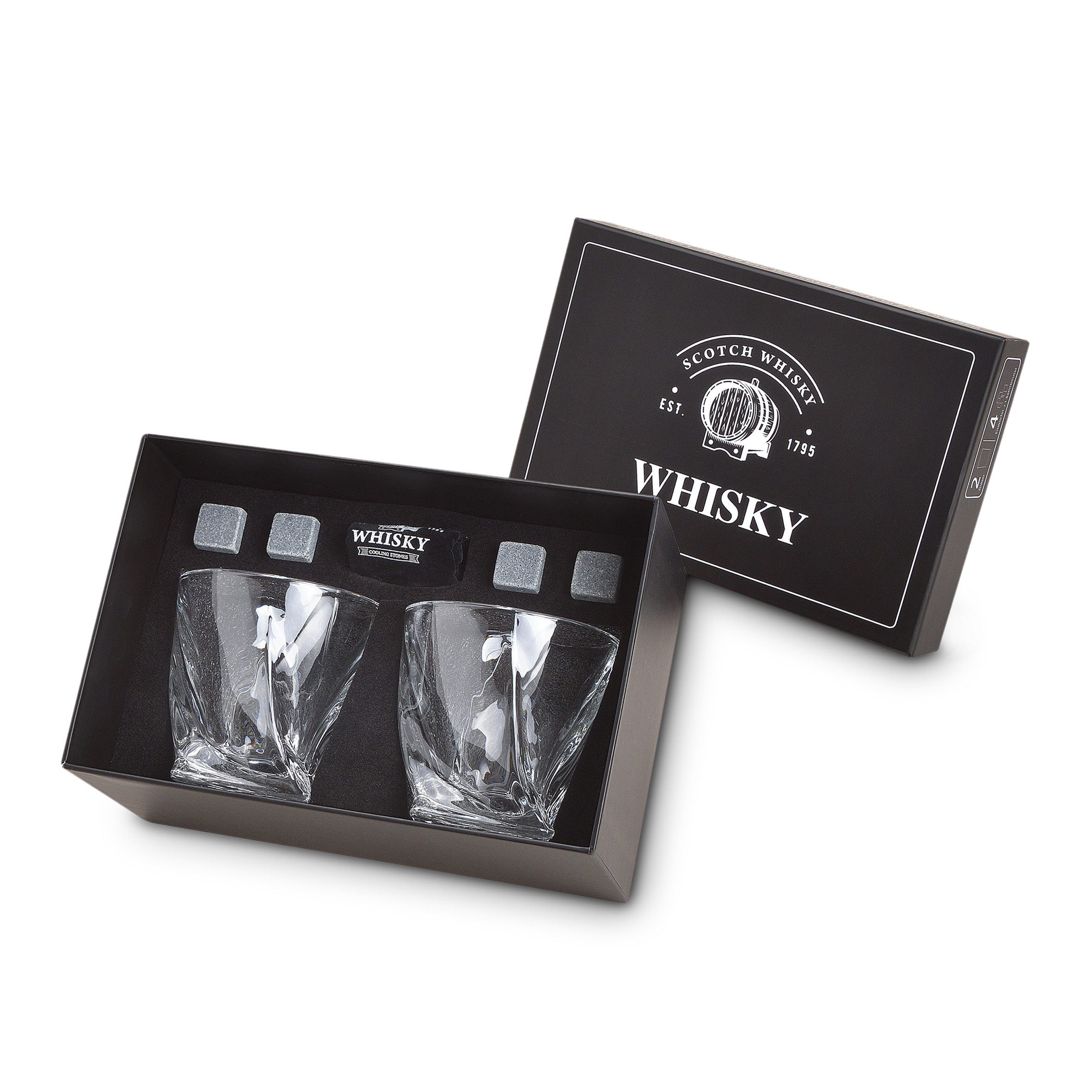 Woma Whiskyglas Whisky Glas Geschenk Set aus Kristallglas - 7-teilig, Kristallglas / Basalt, 2er Trinkglas Set mit 4x Basalt Kühlsteinen und Samtbeutel – Bild 3 von 5