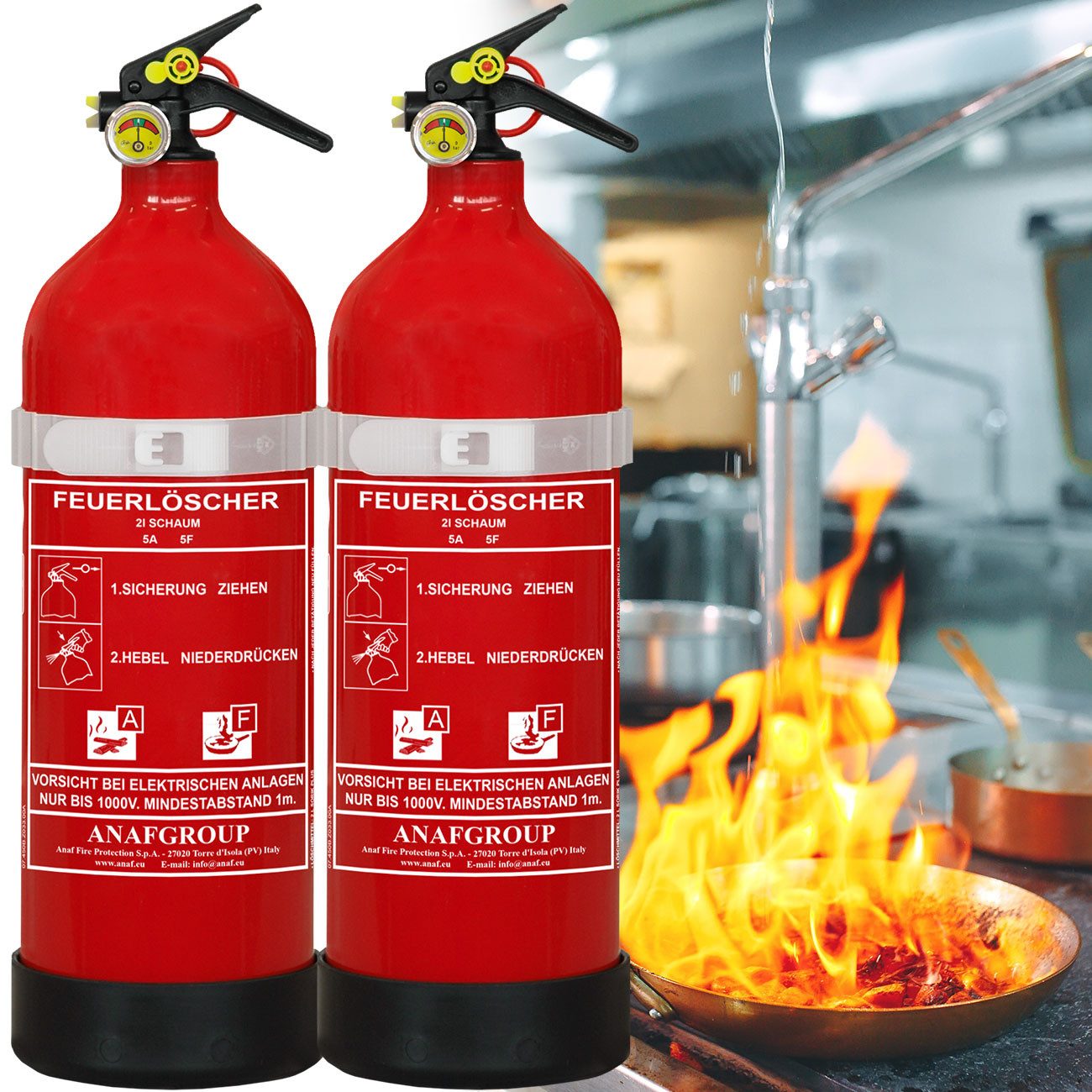 shop'n smile ideoon Schaum-Feuerlöscher Schaumfeuerlöscher 2L Fluorfrei AF Fettbrandlöscher Manometer Wand, Dauerdruckfeuerlöscher mit Manometer (Druckanzeige), Schaum, (2-St., 1er-Set & 2er-Set) Handhebelauslösung, nachfüllbar