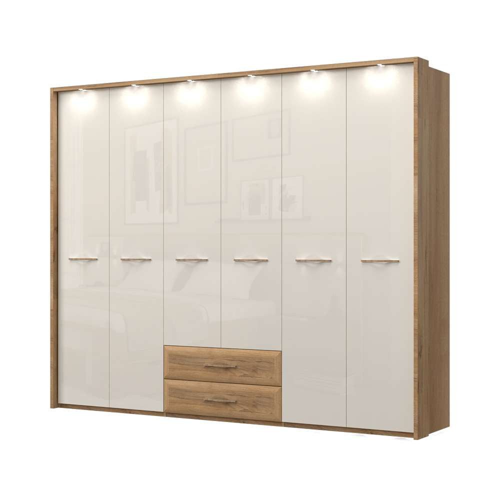OTTO home Kleiderschrank Gala, beige hochglänzend UV lackiert, kratzfest, FSC-zertifiziert (abgerundete Schubladen aus MDF im Holzdekor, soft-close) mit Beleuchtung und Passpartourahmen, hoher Schrank (224cm), 4 Breiten