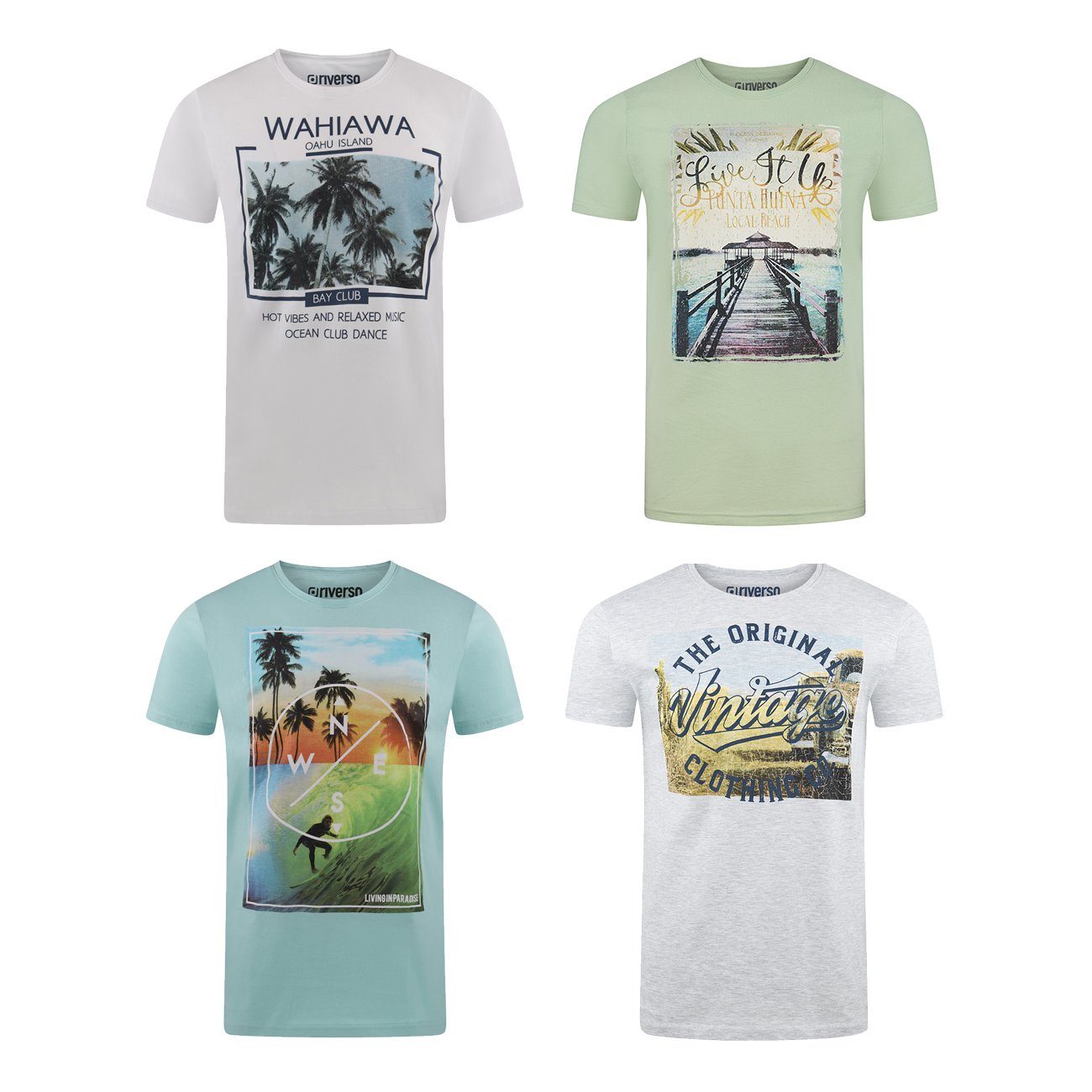 riverso T-Shirt Herren Printshirt RIVLukas 4er Pack Regular Fit (Vorteilspack, 4-tlg) Kurzarm Tee Shirt mit Rundhalsausschnitt aus 100% Baumwolle