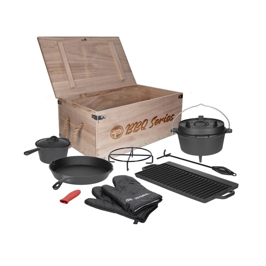 Set Dutch TP Schmortopf Grillplatte Oven Dutch Oven, in Premium teiliges Holzkiste 9