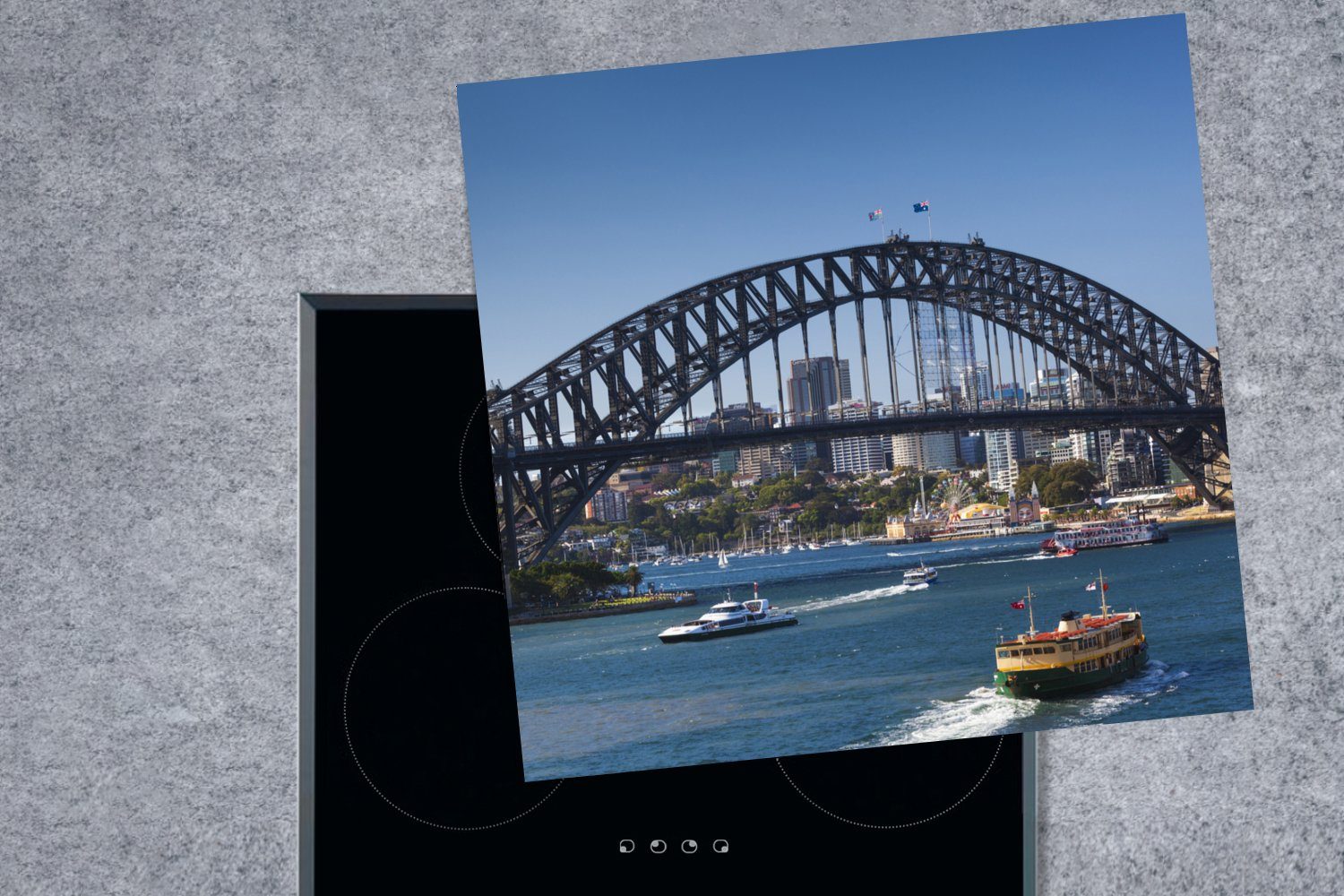 MuchoWow Herdblende-/Abdeckplatte Boote unter der Australien, Harbour Bridge Vinyl, Arbeitsplatte Sydney 78x78 Ceranfeldabdeckung, tlg), für in cm, (1 küche