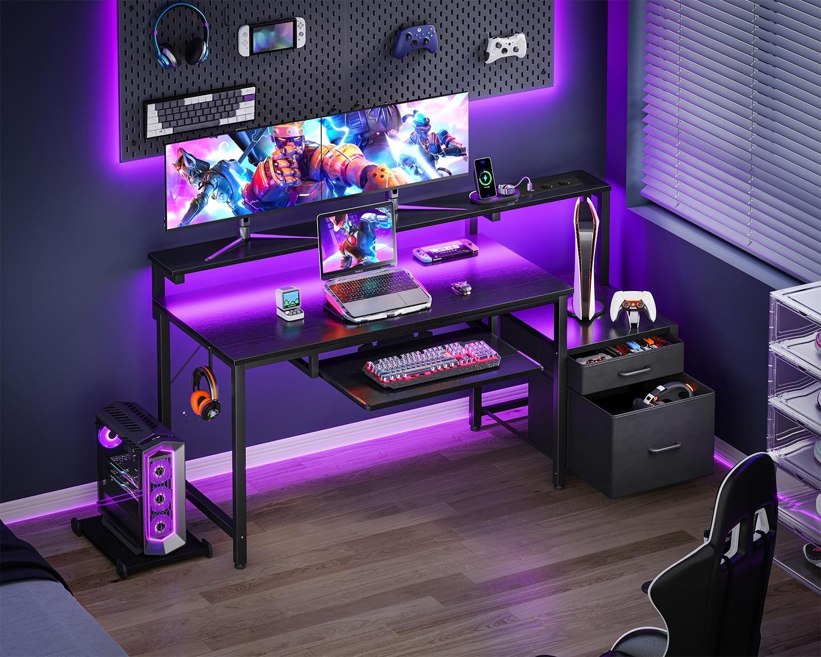 ODK Gamingtisch mit LED-Beleuchtung, Steckdosenleiste und ausziehbarer Tastaturablage (1-St), Mit Stoffschubladen und Monitorständer, 140×48×90,7 cm, Schwarz