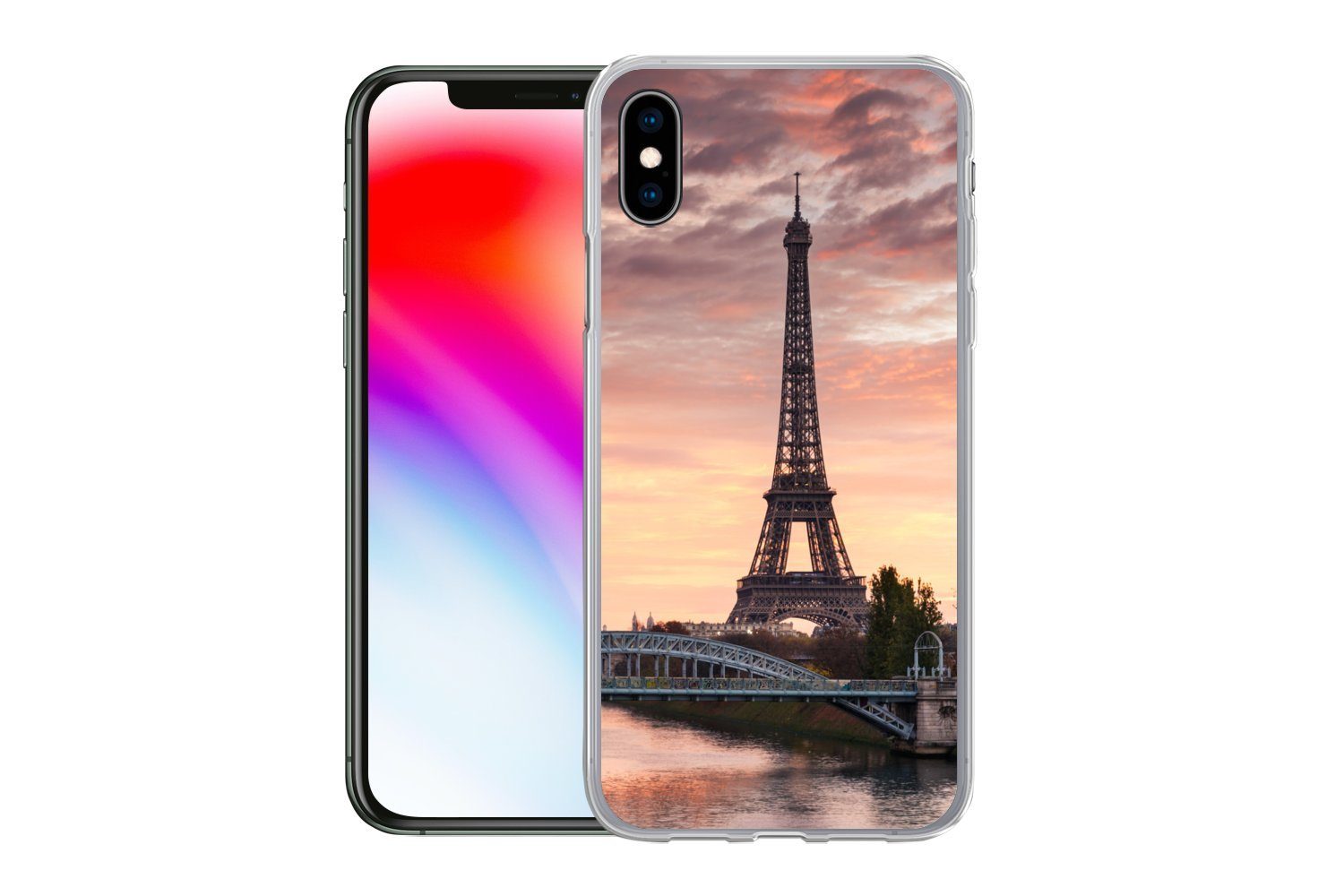 MuchoWow Handyhülle für Apple iPhone Xs Paris - Eiffelturm - Brücke, Smartphone-Bumper, Print, Handy Schutzhülle Dünn