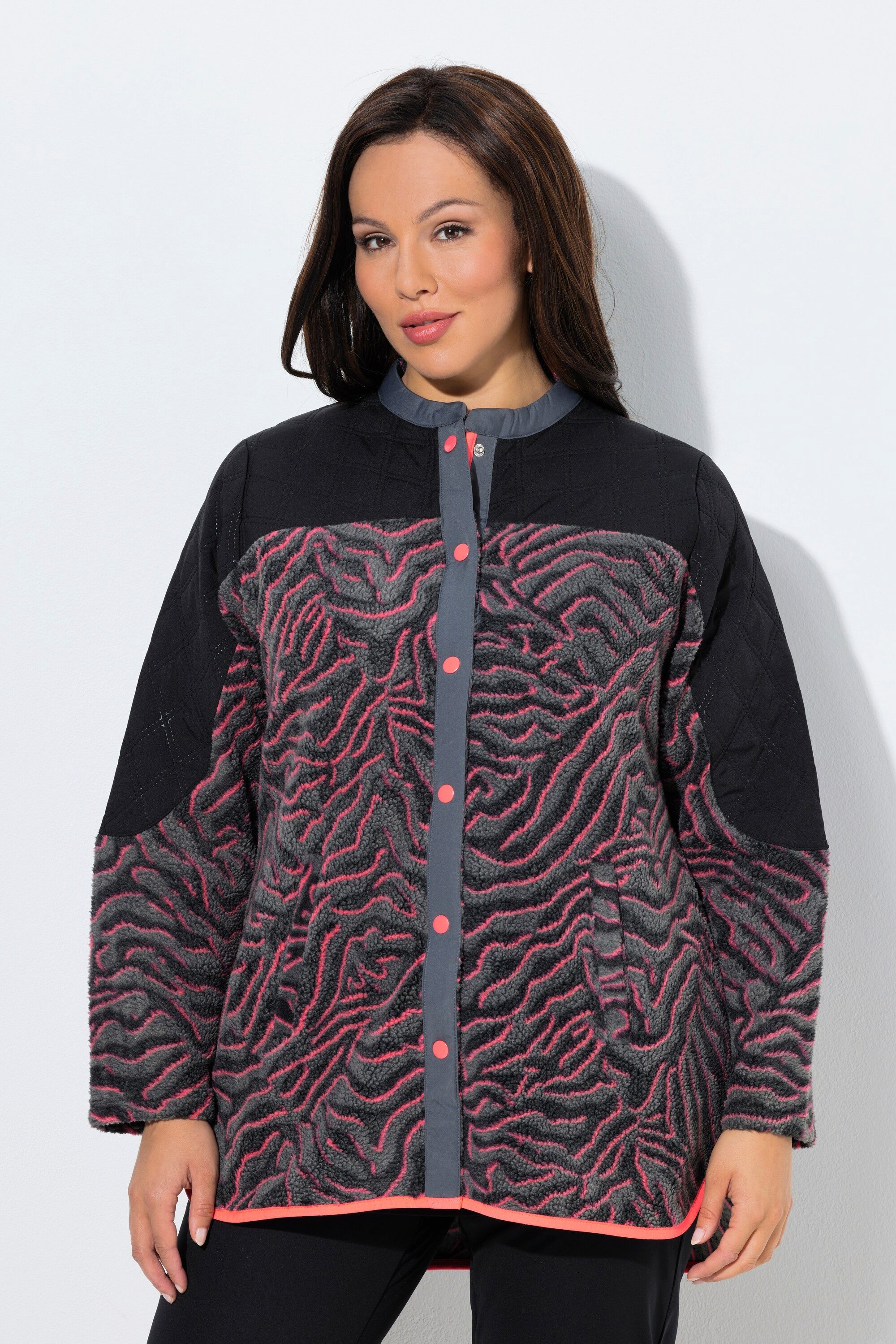 Ulla Popken Sweatjacke Long-Fleecejacke Tigermuster Stehkragen günstig online kaufen