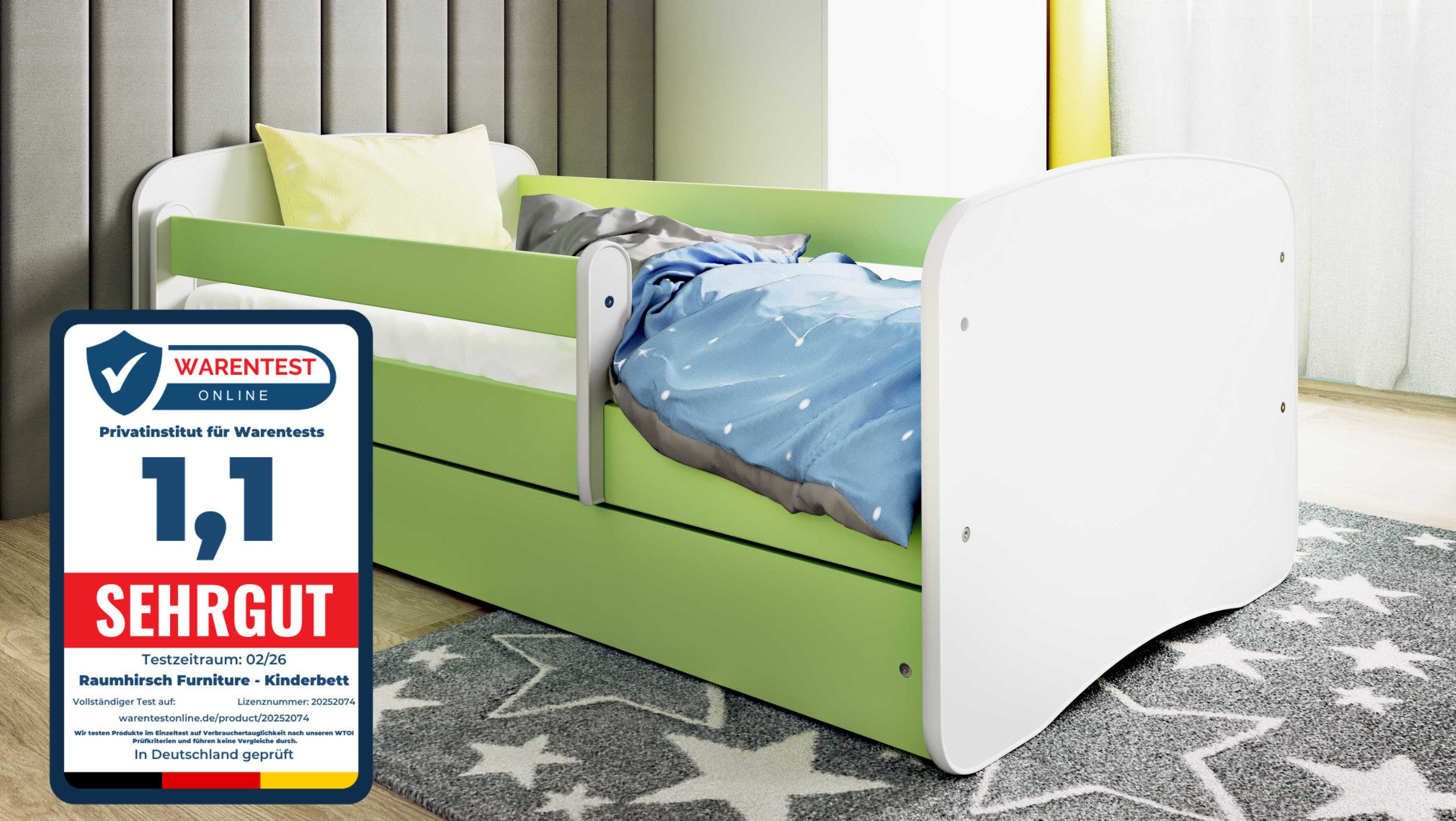 Raumhirsch Furniture Kinderbett Babydream 180x80 cm 160x80 cm 140x70 cm - Komplettset mit Schublade (Bett für Jungs & Mädchen, Einzelbett 2–12 J., mit Rausfallschutz und Lattenrost), Verschiedene Farben