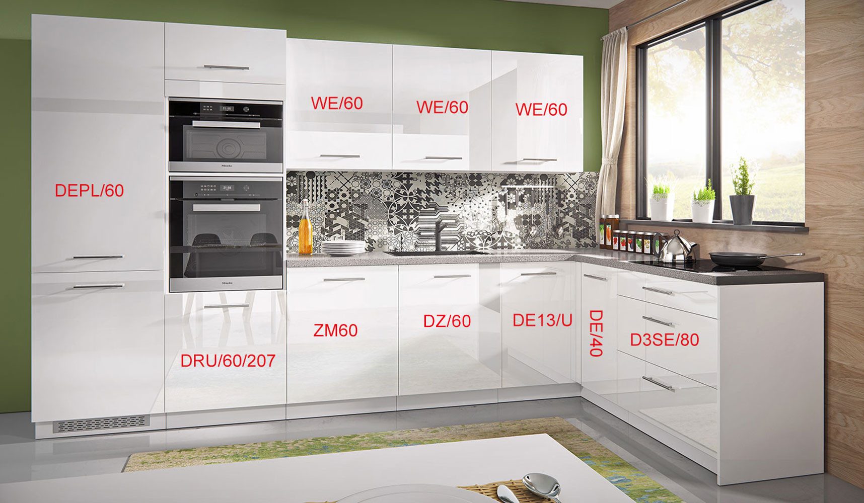 Feldmann-Wohnen Küchenzeile Essen Trend, (Schubladen mit Teilauszug und Selbsteinzug (Blum Metabox), 345x188x207cm perlweiß / weiß Hochglanz Teilauszug (Blum), 10-teilig