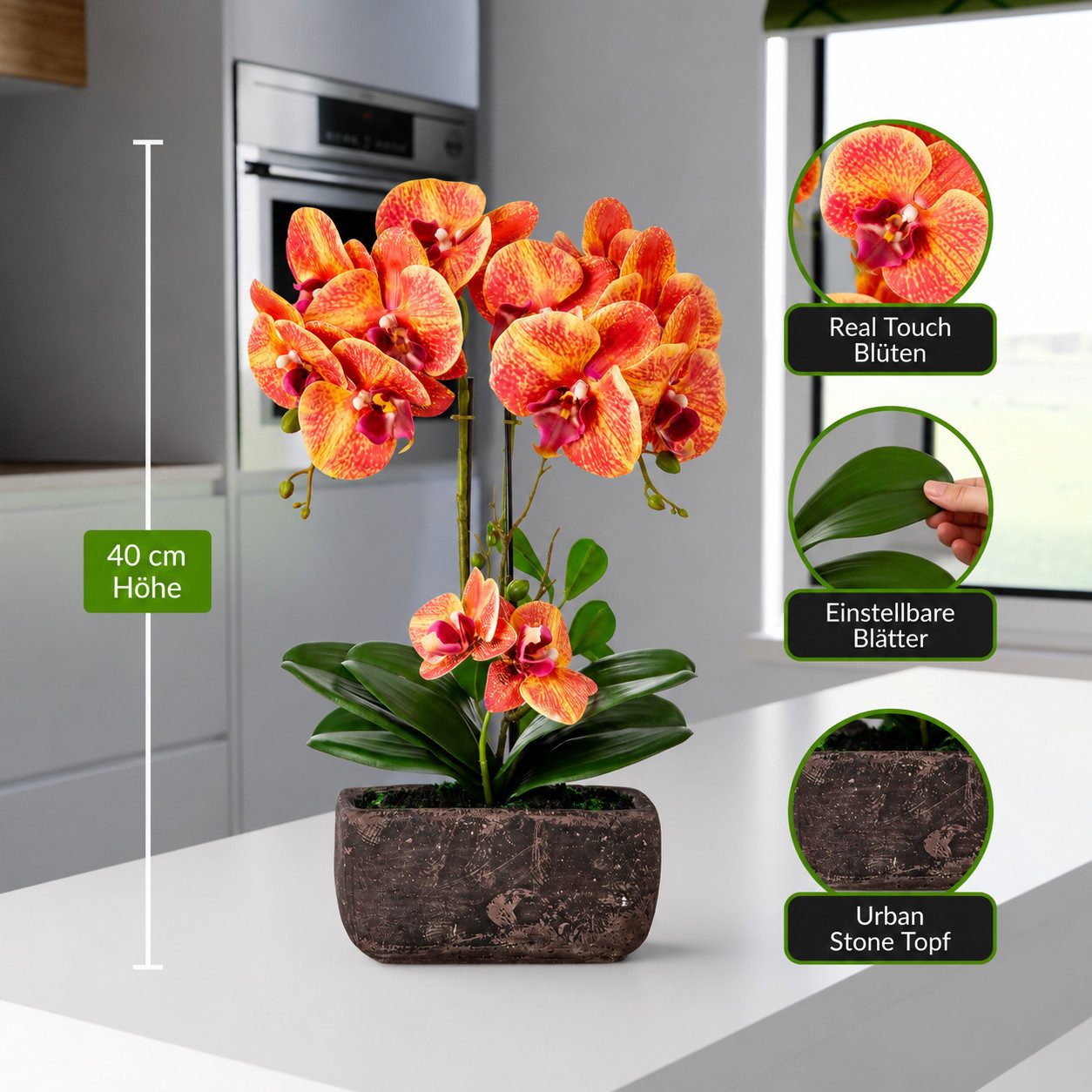 Kunstorchidee PASCH® Orchidee künstlich wie echt (40cm) in Urban Stone Töpfen Orchidee, PASCH, Real Touch Blüten, Handgefertigter Stone Cube