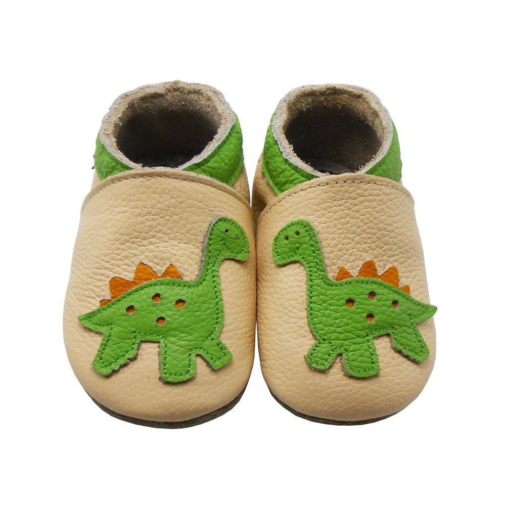 Sayoyo Weiche Leder Lauflernschuhe Hausschuhe Lederpuschen Dino Beige Krabbelschuh (100% Leder) elastisch