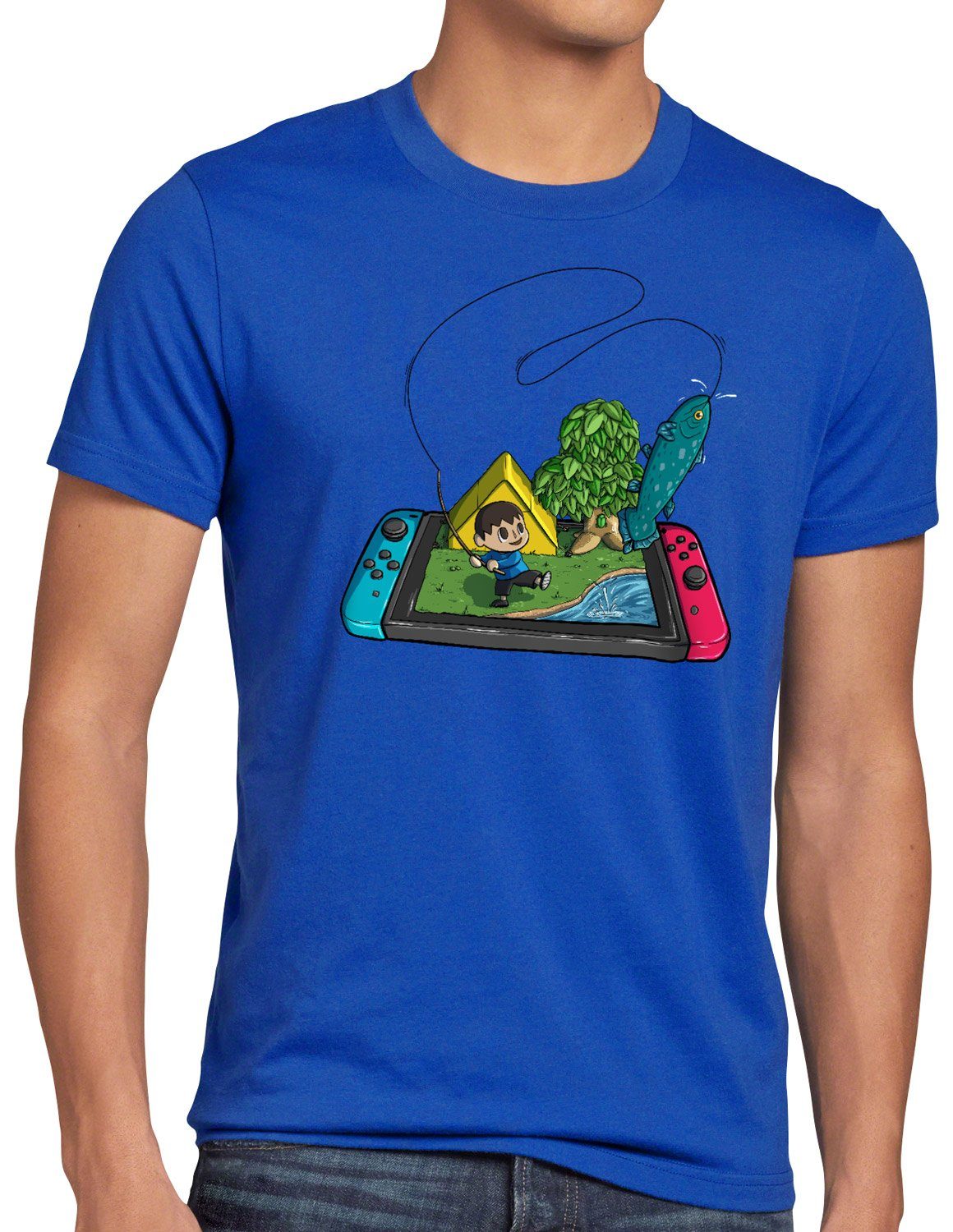 switch Crossing T-Shirt style3 Herren Fisch videospiel animal horizons blau Print-Shirt