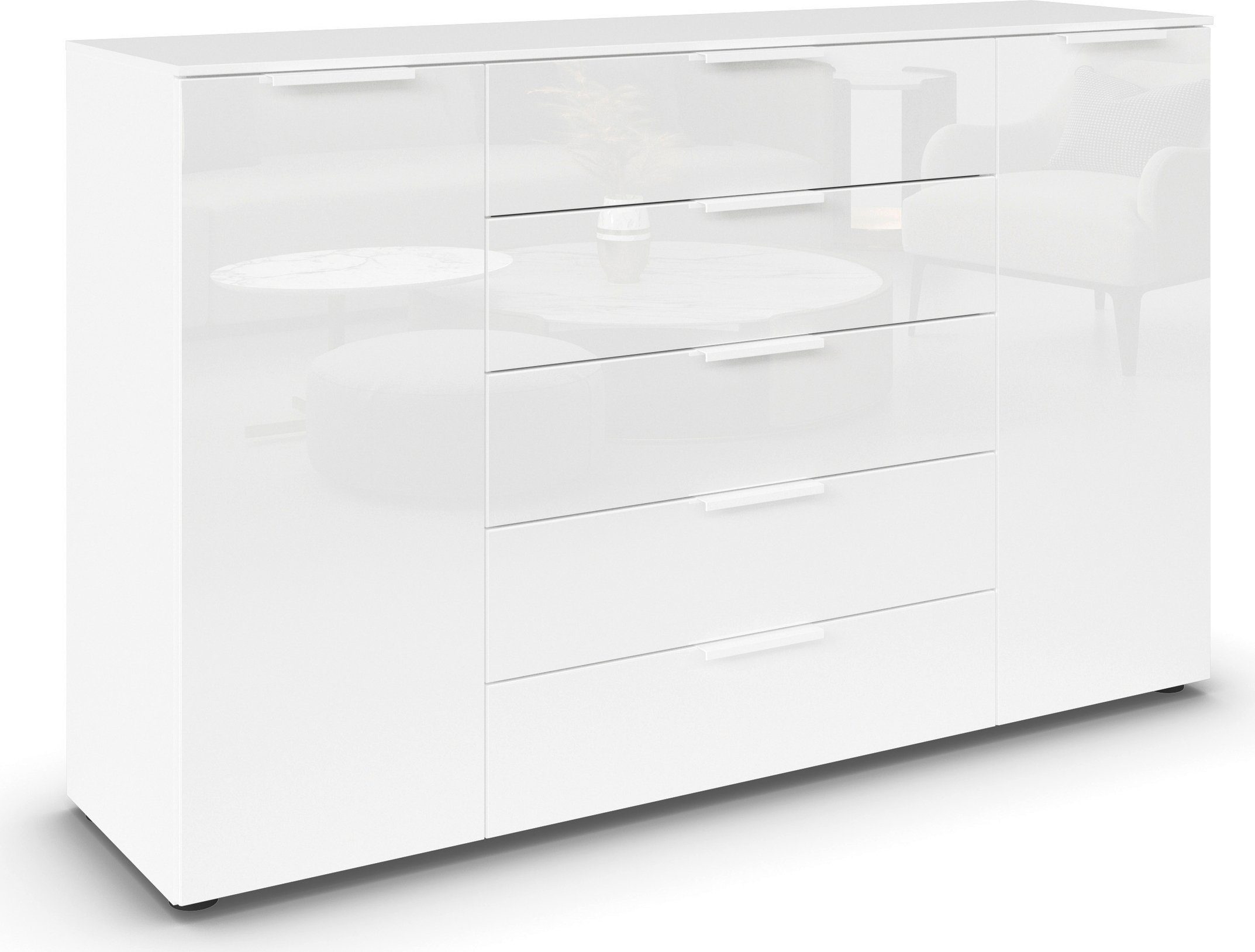 rauch Schubkastenkommode Kommode Türkommode Sideboard Kombikommode FLIPP mit Glasfront (Breite 160/180 cm mit 4 Einlegeböden), 2-trg mit 5 Schubladen und Soft-Close, 2 Breiten MADE IN GERMANY