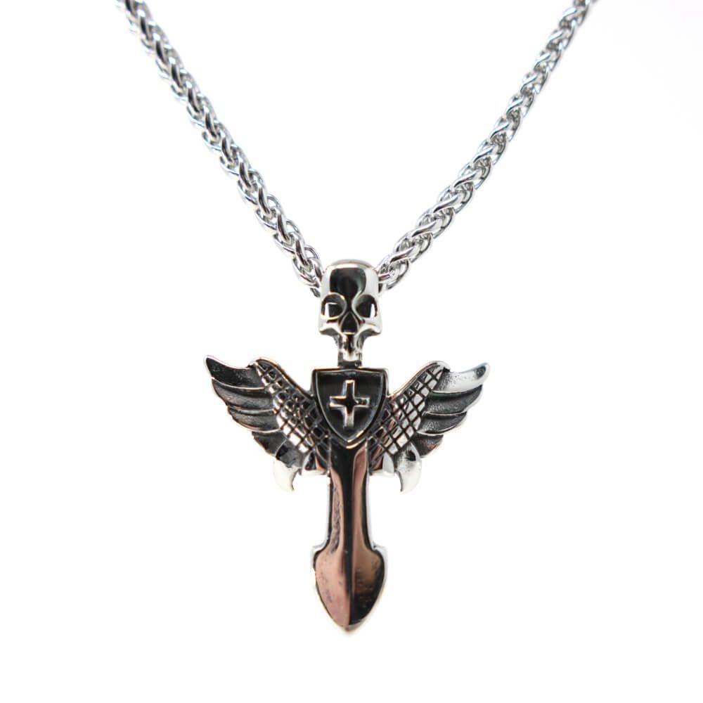 Kette mit Anhänger Lederkette Edelstahlkette 316L FLÜGELSCHWERT