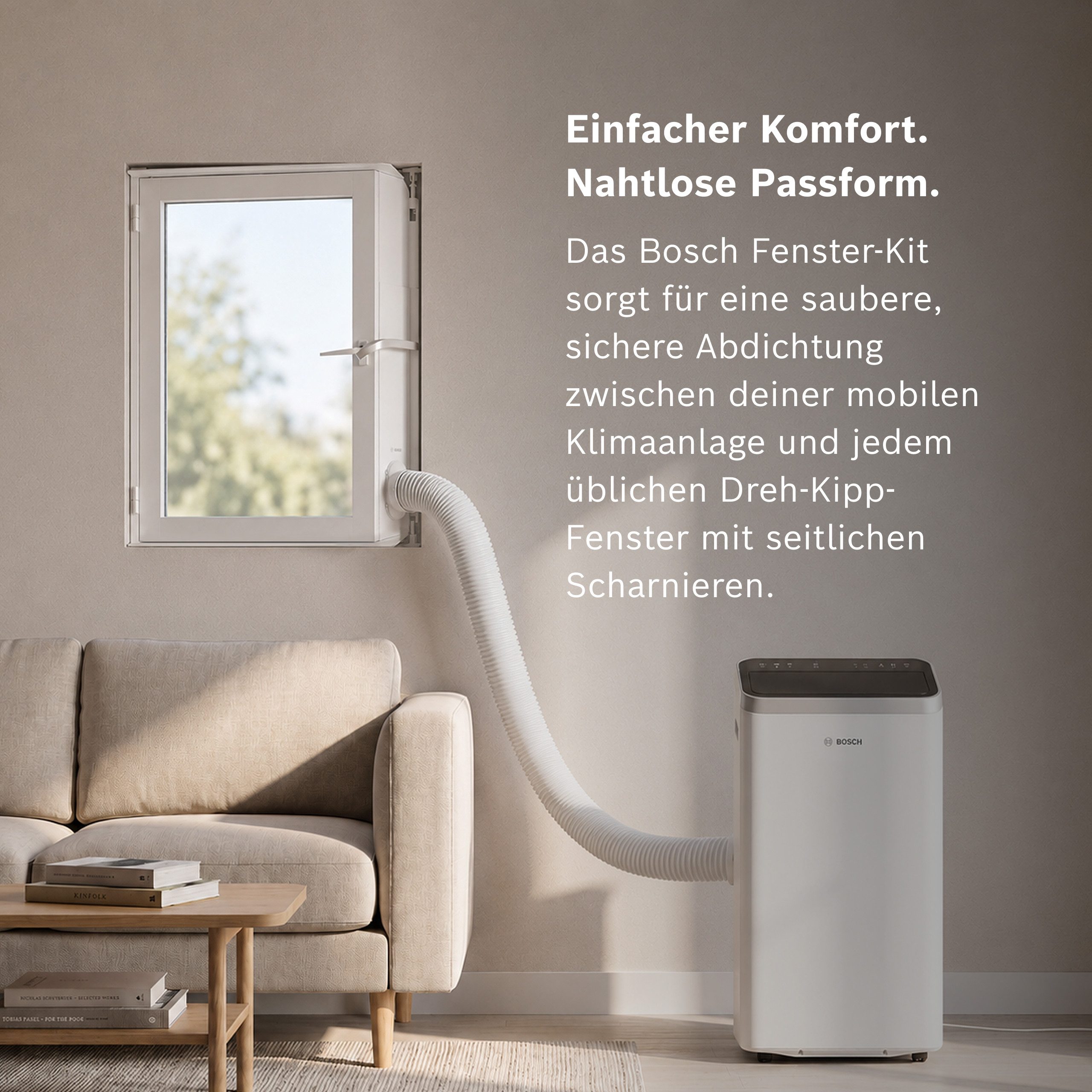 BOSCH Fenster-Set Erweiterung Window Kit, Zubehör für alle mobilen Klimageräte mit Standard Abluftschlauch von 15cm, Abdichtung zwischen Klimaanlage und Kipp-Fenster mit seitl. Scharnier