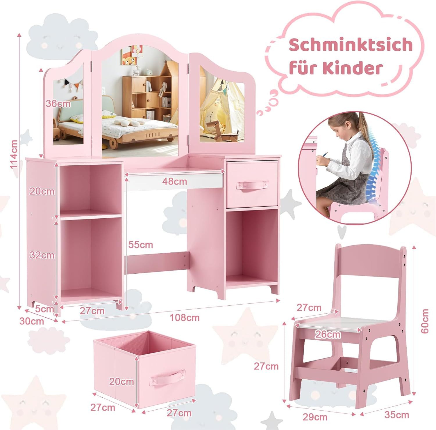 TLGREEN Schminktisch Kinderschminktisch 2 in 1,mit Abnehmbarem Spiegel (108 günstig online kaufen