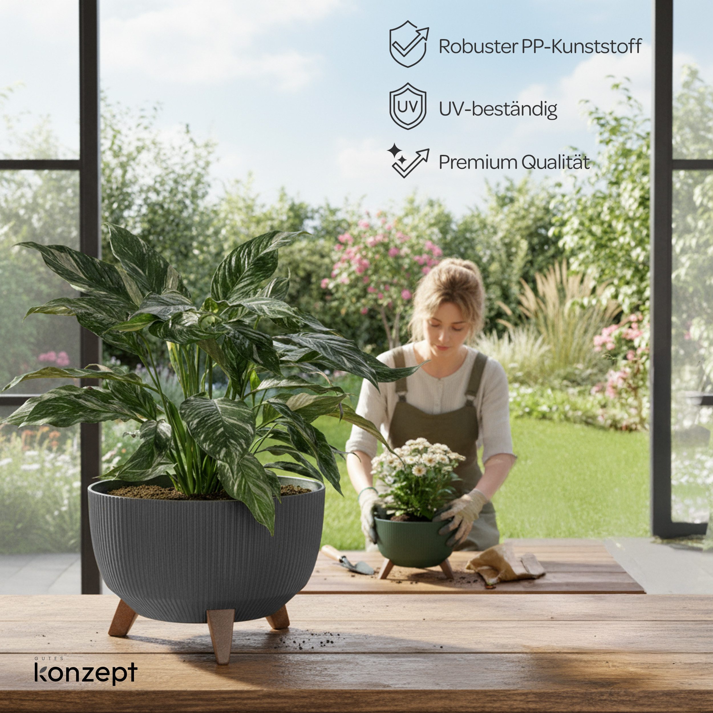 KONZEPT Blumentopf mit Füßen – großer Blumenkübel aus Kunststoff, runde Pflanzschale, 40 oder 47cm, modern & wetterfest, für Innen und Außen – Bild 2 von 5