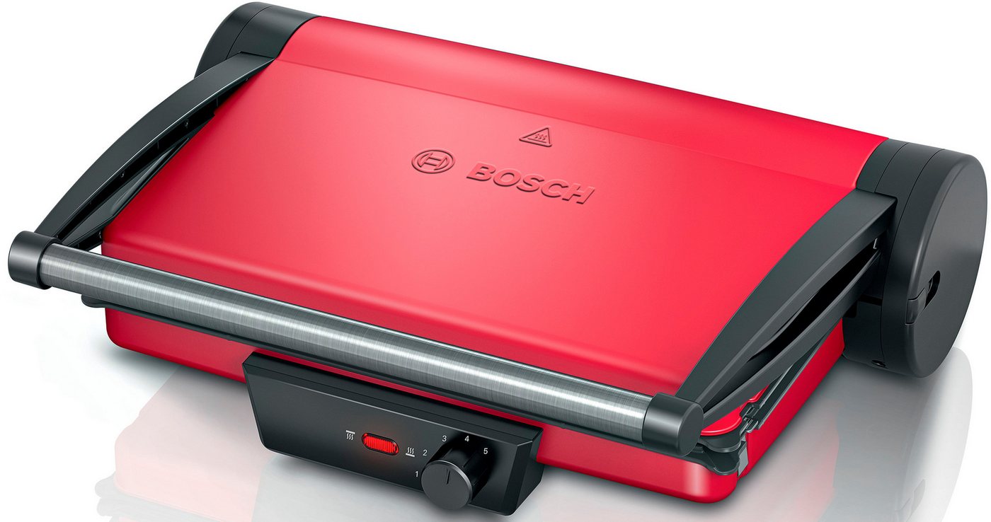 BOSCH Kontaktgrill TCG4104, 3-in1-Kontaktgrill, Temperaturregler, Fettablaufrinne, rot, 2000 W, herausnehmbare Aluminium-Grillplatten, einfache Reinigung, kompakt