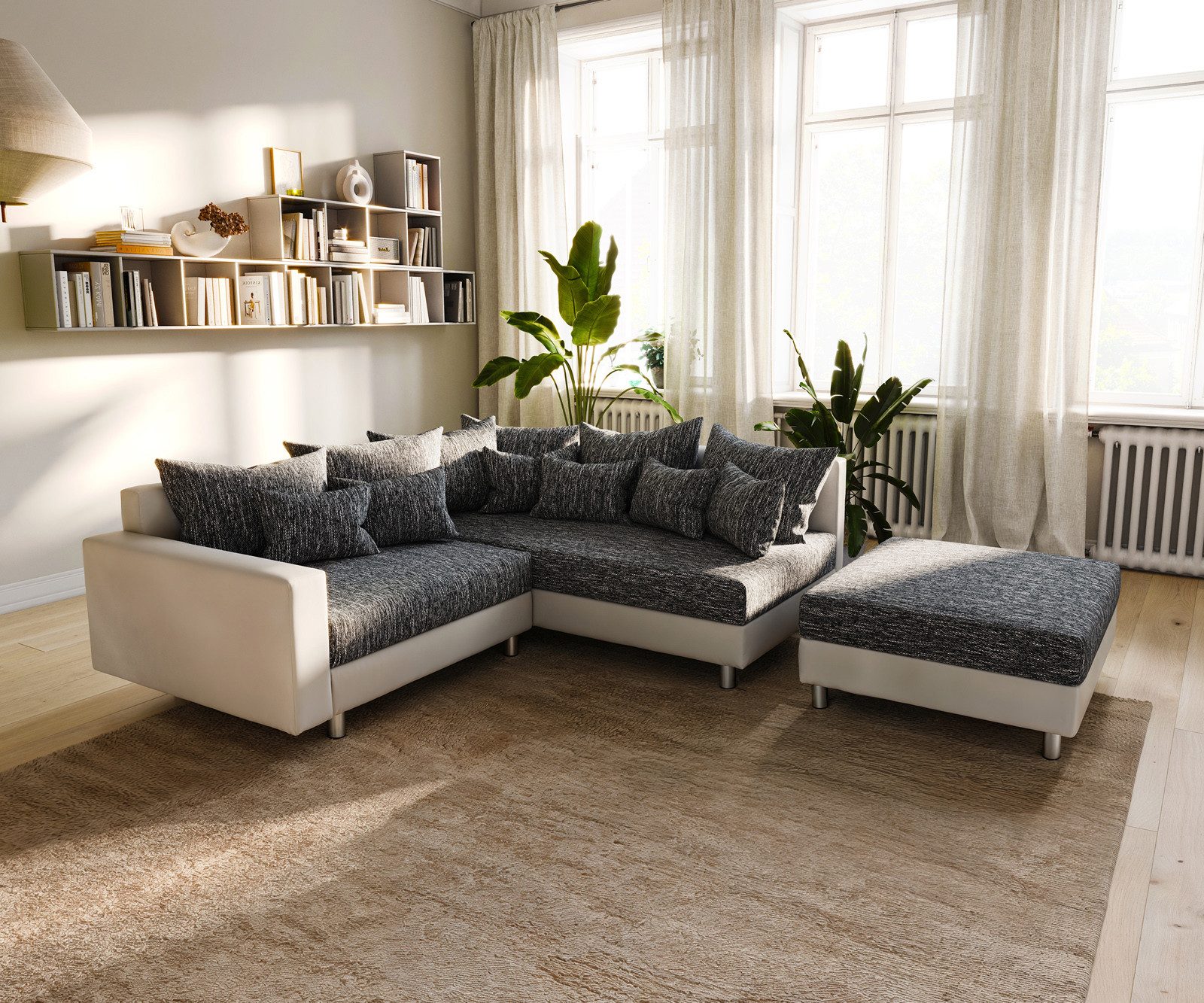 DELIFE Ecksofa Clovis, Weiss Schwarz Hocker günstig online kaufen