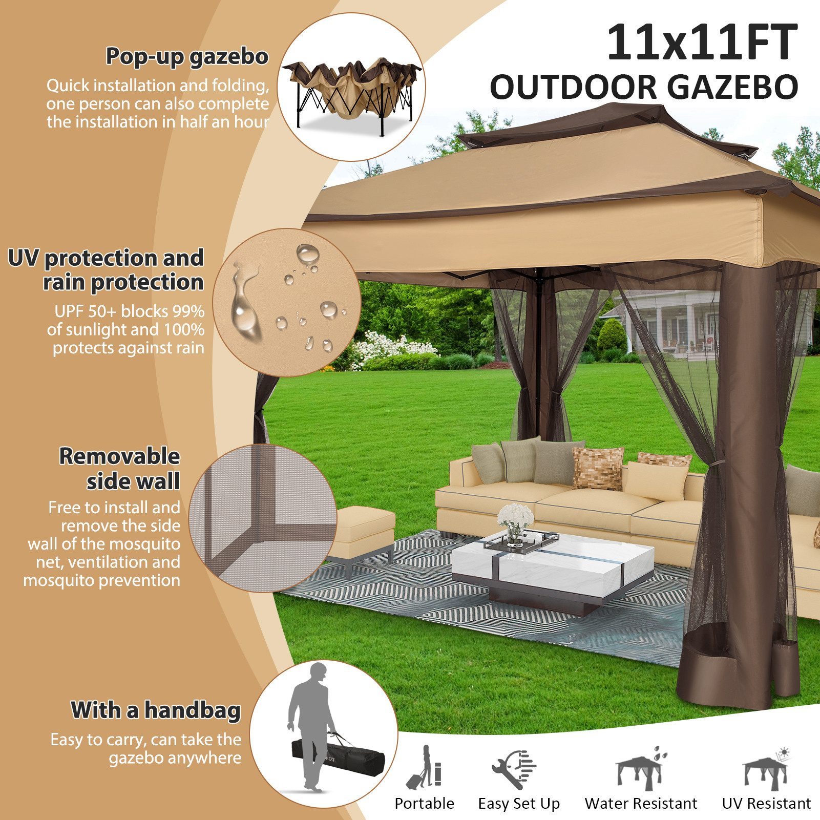 Thumbnail - LUCKZON Pavillon 3*3/3.6*3.6 m Faltbar Gartenzelt mit 4 Gaze Seitenteilen UV-Schutz 50+, mit 4 Seitenteilen, Doppeltes D...