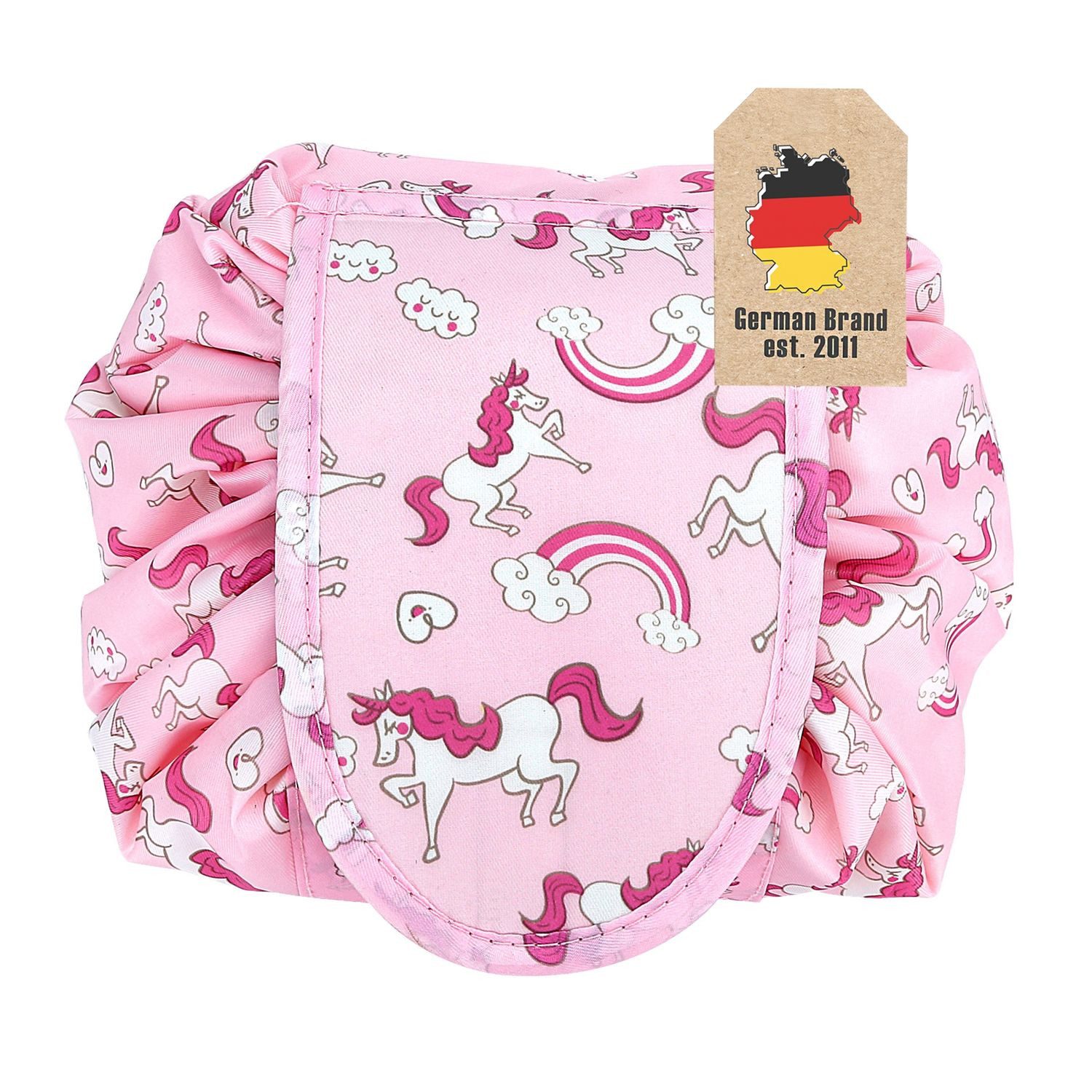 Intirilife Kosmetiktasche (Kulturbeutel mit Kordelzug in ROSA WEISSE PFERDE, 1-tlg), Runder One Step Kosmetikbeutel Kosmetiktasche