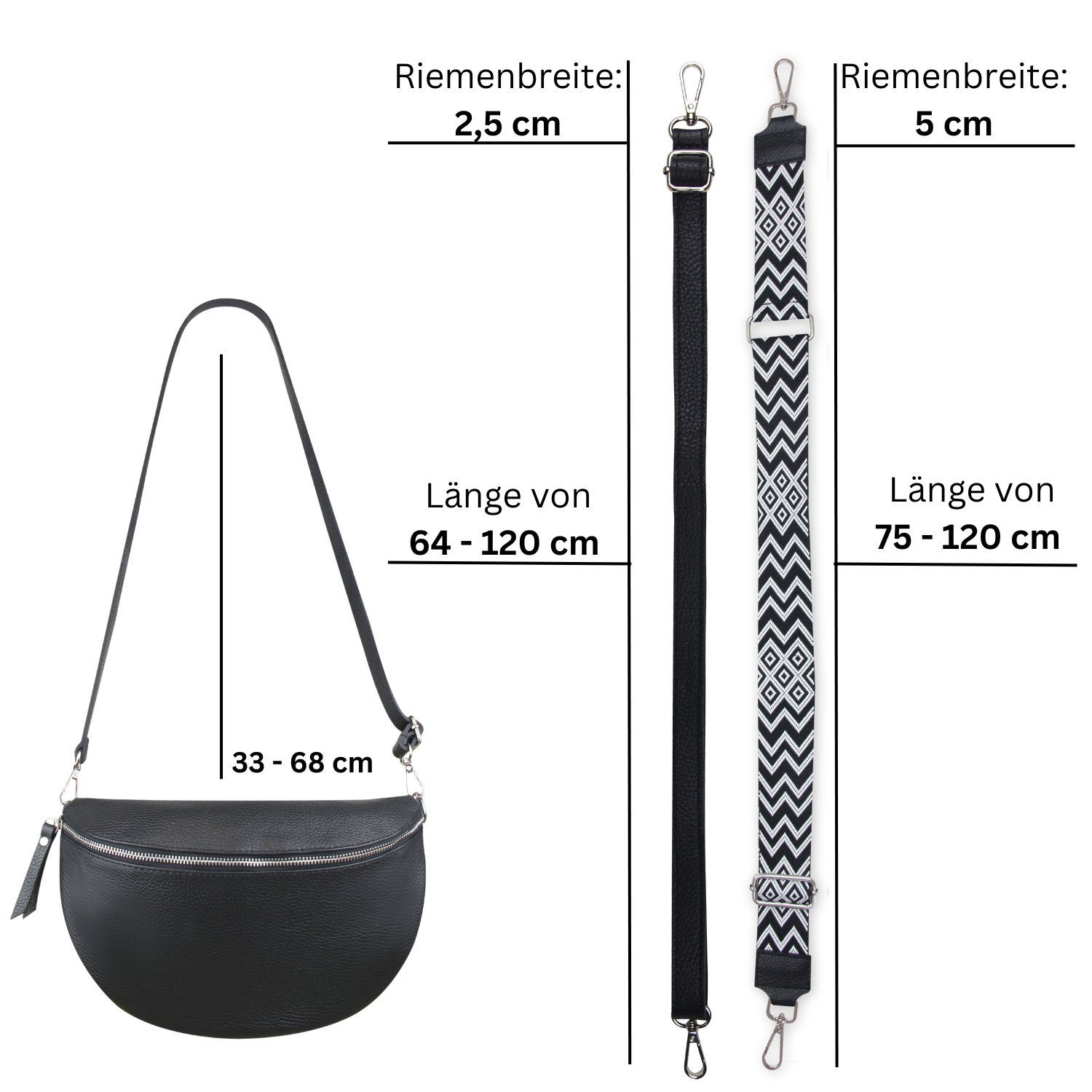 Frentree Bauchtasche aus 100% Echtleder, Made in Italy, Damen Umhängetasche, mit 2 Schulterriemen zum Wechseln