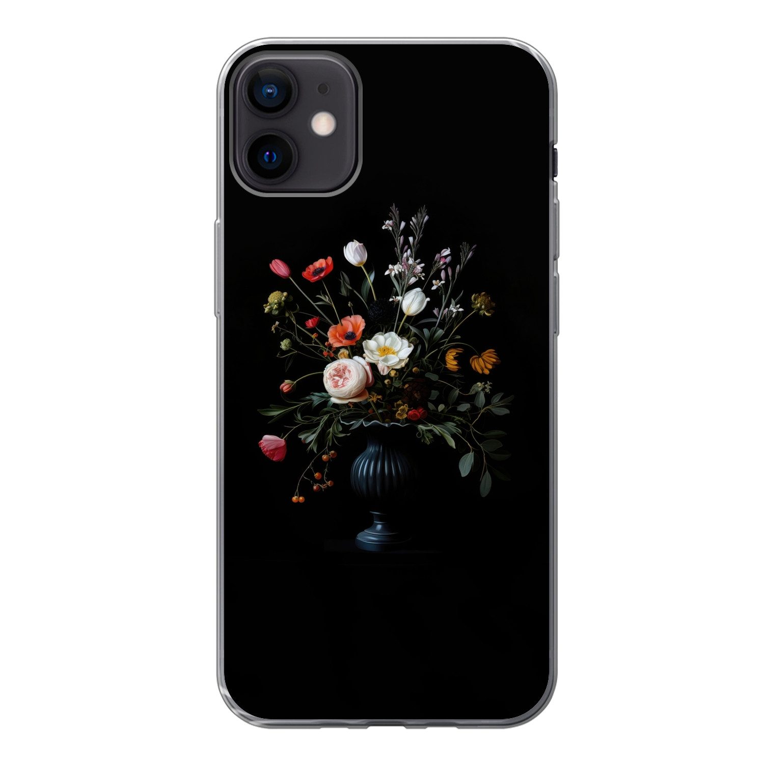 MuchoWow Handyhülle für Apple iPhone 12 Mini Blumenarrangement - Vase - Schwarz, Smartphone-Bumper, Print, Handy Schutzhülle Dünn