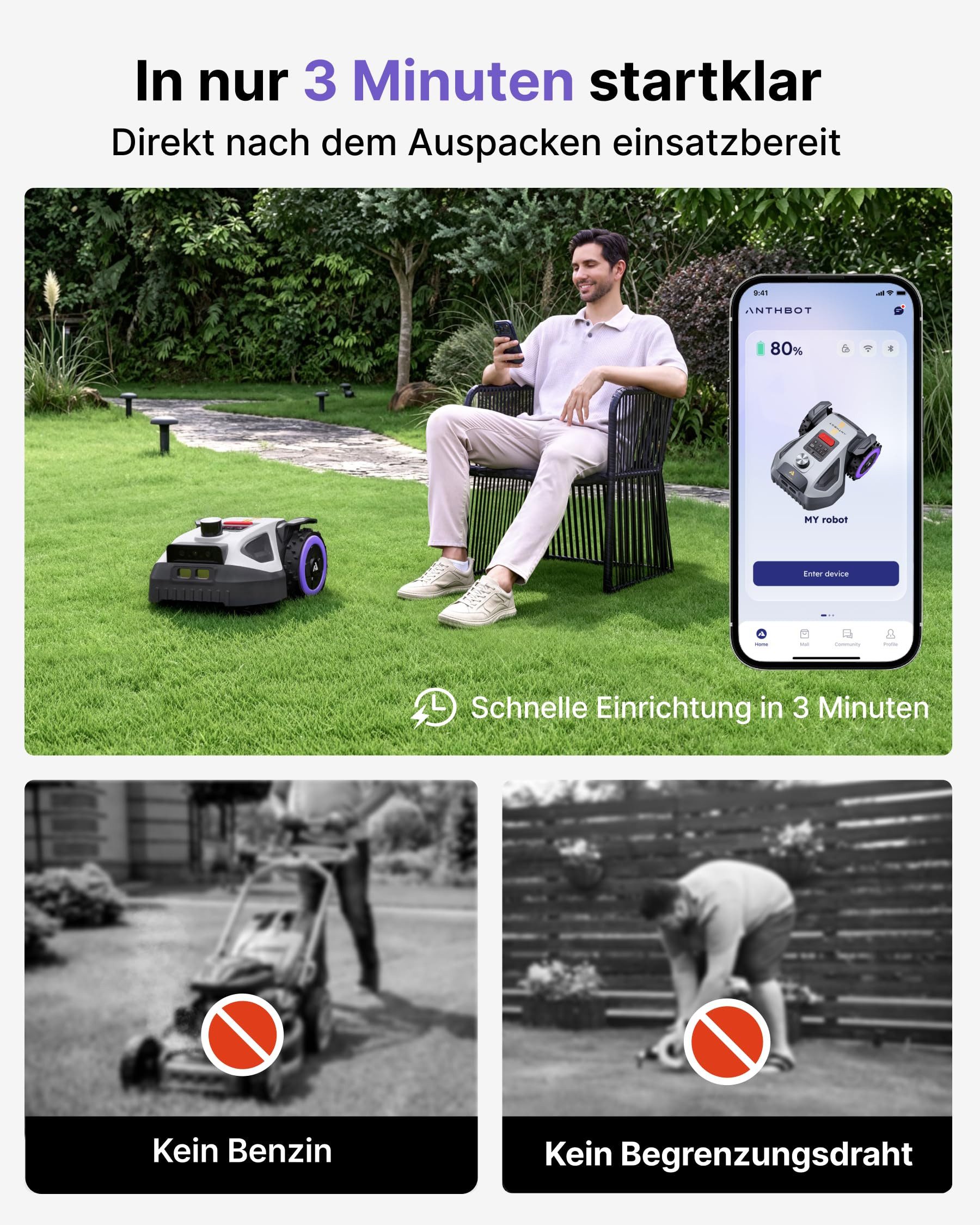 ANTHBOT Rasenmähroboter M9 PRO, Ohne Begrenzungsdraht, 360° LiDAR & RTK & HDR-Dual-Vision, bis 1200 m² Rasenfläche, 45% Steigung, Kantenmähen, Multizonen, App-Steuerung, IPX6