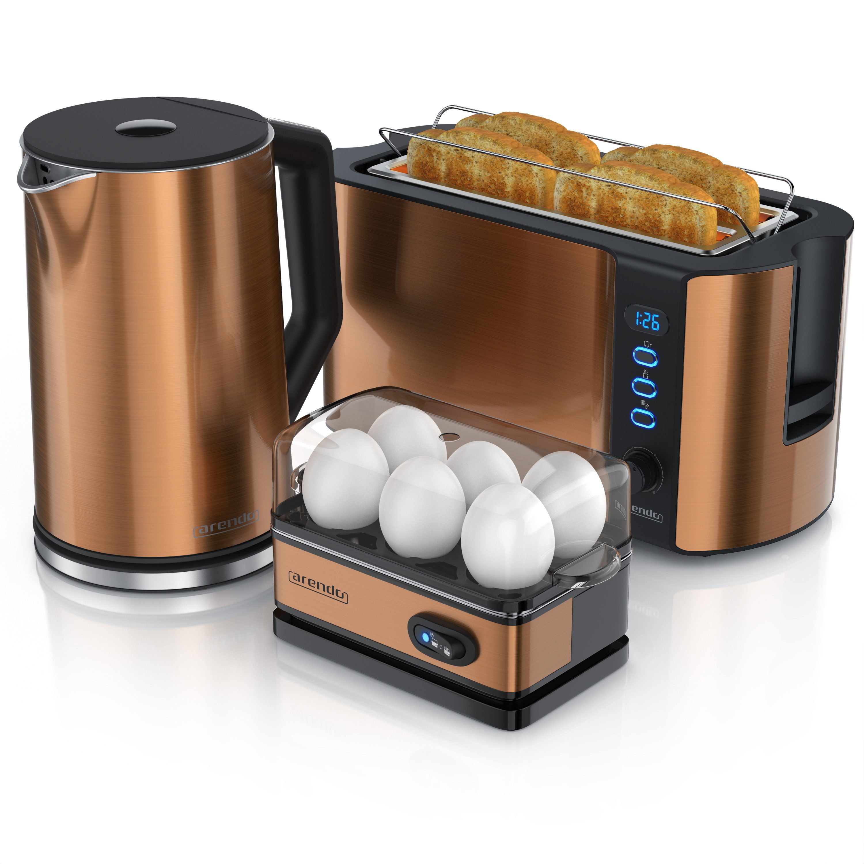 Arendo Frühstücks-Set Wasserkocher 1,5l, 4-Scheiben Toaster, 6er Eierkocher, Kupfer (3-tlg), Edelstahl, BPA-frei, GS-geprüfte Sicherheit, fürs Familienfrühstück