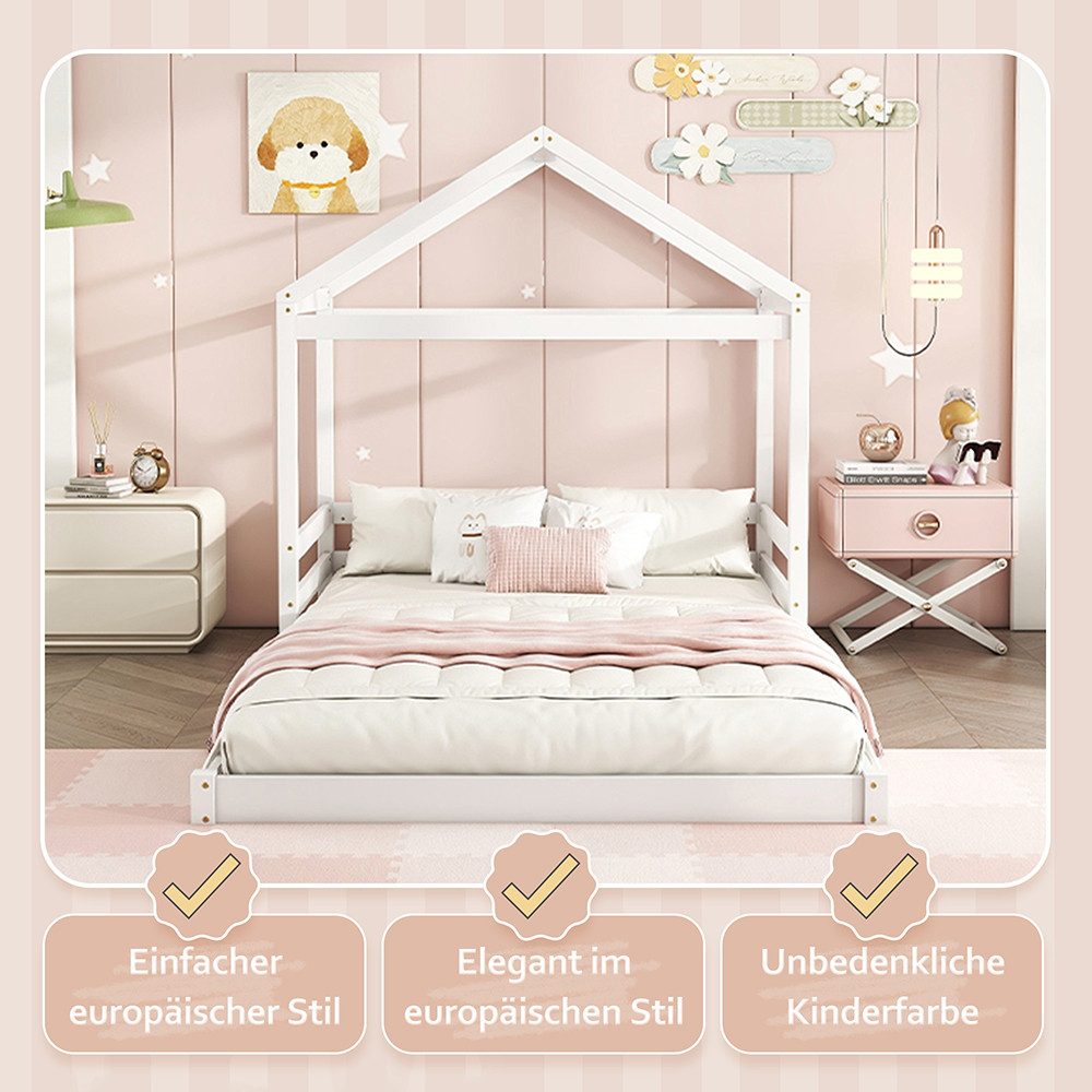 Sweiko Kinderbett Jugendbett Doppelbett 140 x 200 cm (Hausbett mit Lattenrost ohne Matratze Kiefernholz), Weiß