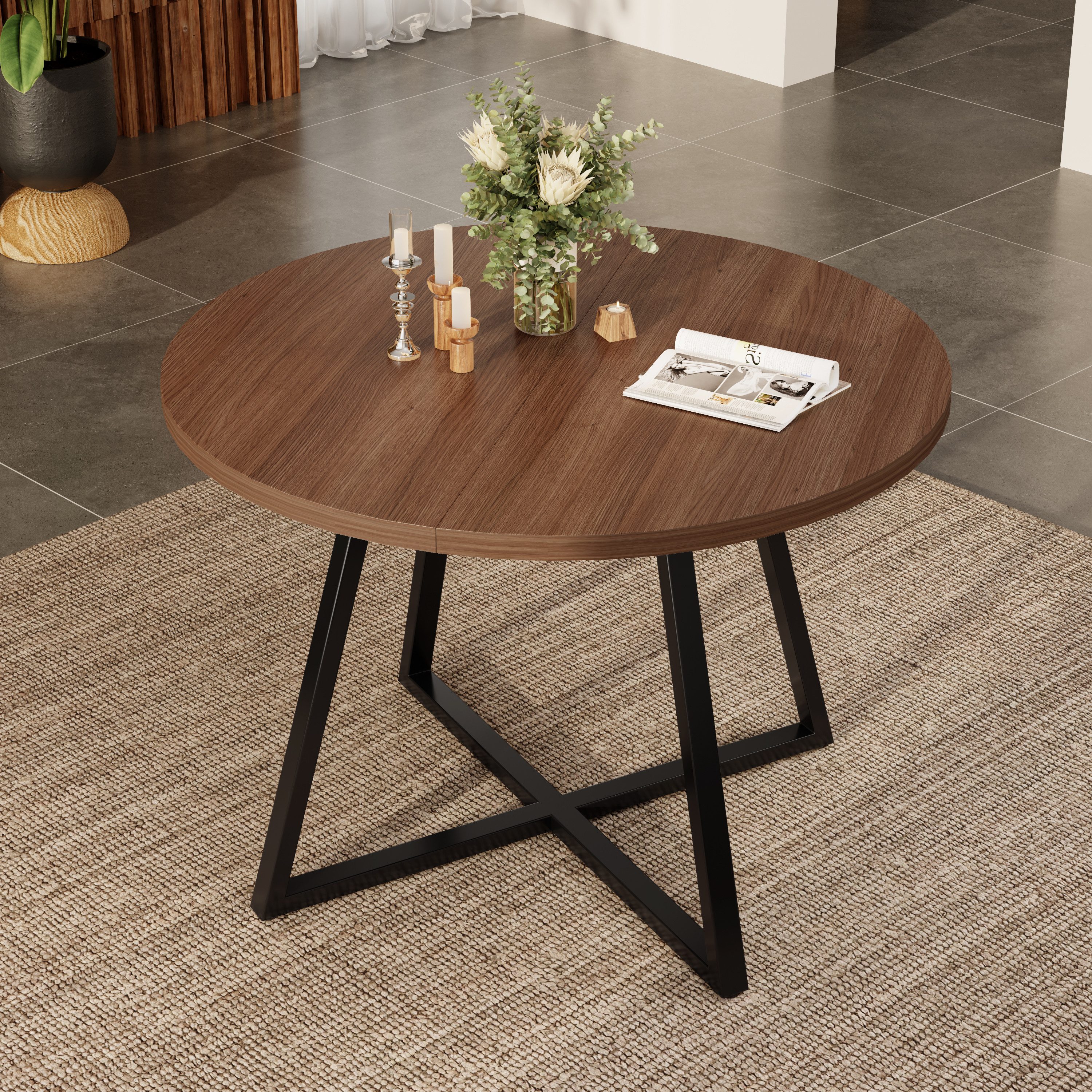 Flieks Esstisch ausziehbarer Küchentisch rund/oval (Länge 100-140x100x75 cm, Höhe Tischplatte 3cm, 1-St., 1 Tisch), erweiterbarer Schreibtisch Holzoptik Walnussholzfarbe, Metallgestell