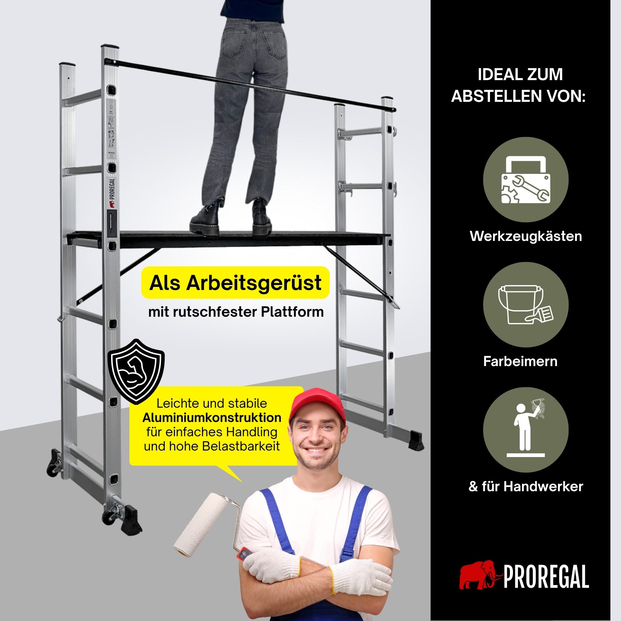 PROREGAL® Arbeitsgerüst MULTISTEP 3-in-1 Aluminiumleiter Stehleiter 2x6 Sprossen Tragl. 150kg, Stabile Sprossenleiter Anlegeleiter Mehrzweckleiter 150kg Traglas – Bild 4 von 5