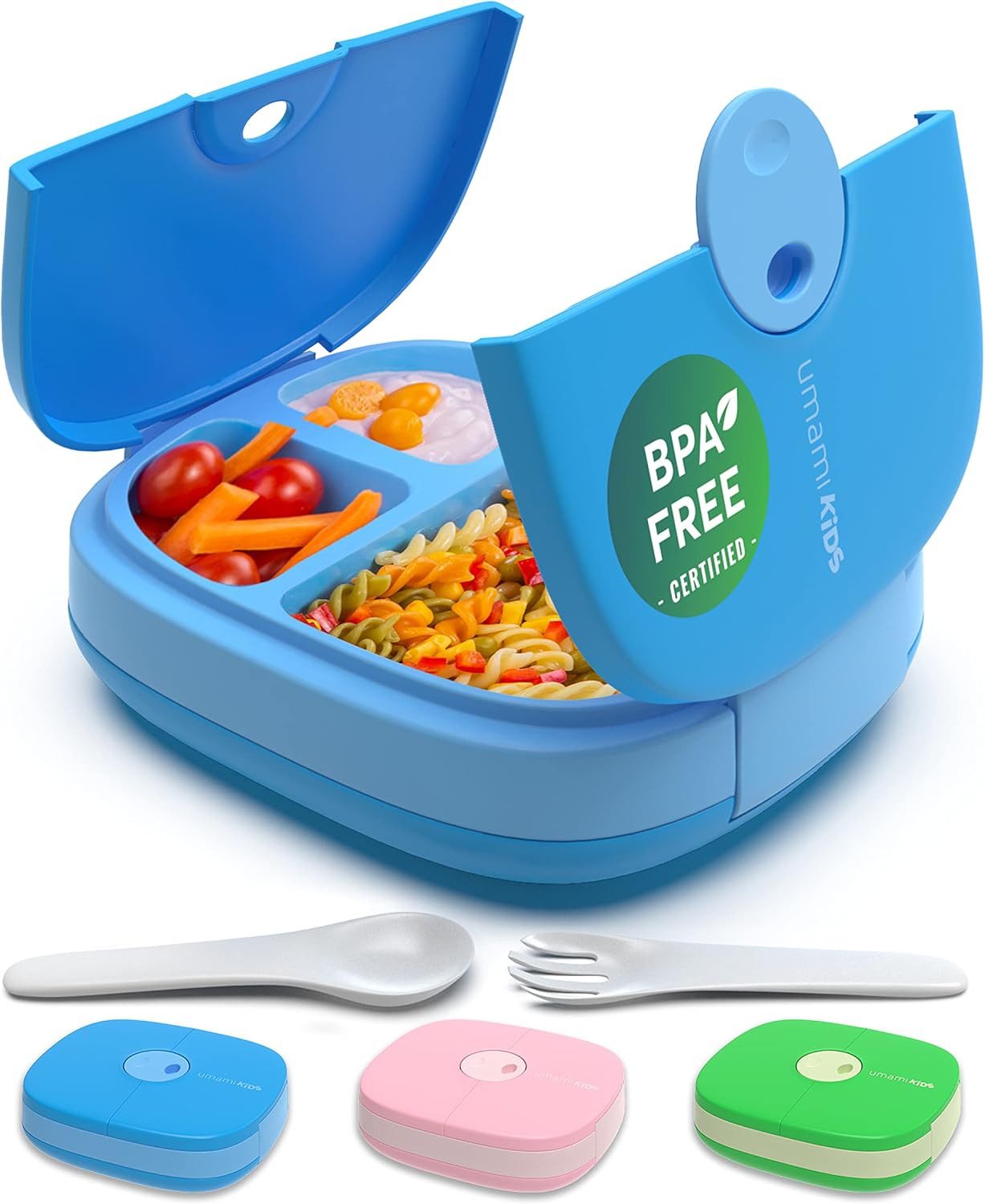 UMAMI Lunchbox Kids - mit Besteck, auslaufsicher, langlebig, Bento-Stil, (Kita-Jungen und Mädchen,BPA-frei, mikrowellen- und spülmaschinenfest), 3 große Fächer,ideale Portionsgrößen für 3 bis 9 Jahre