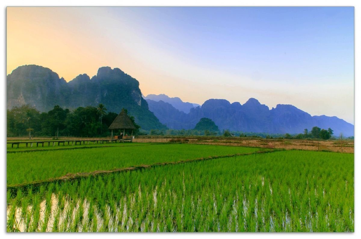 Wallario Herd-Abdeckplatte Reisfelder zwischen Bergen in Laos, ESG-Sicherheitsglas, (Glasplatte, 1 tlg., inkl. 5mm Noppen), verschiedene Größen