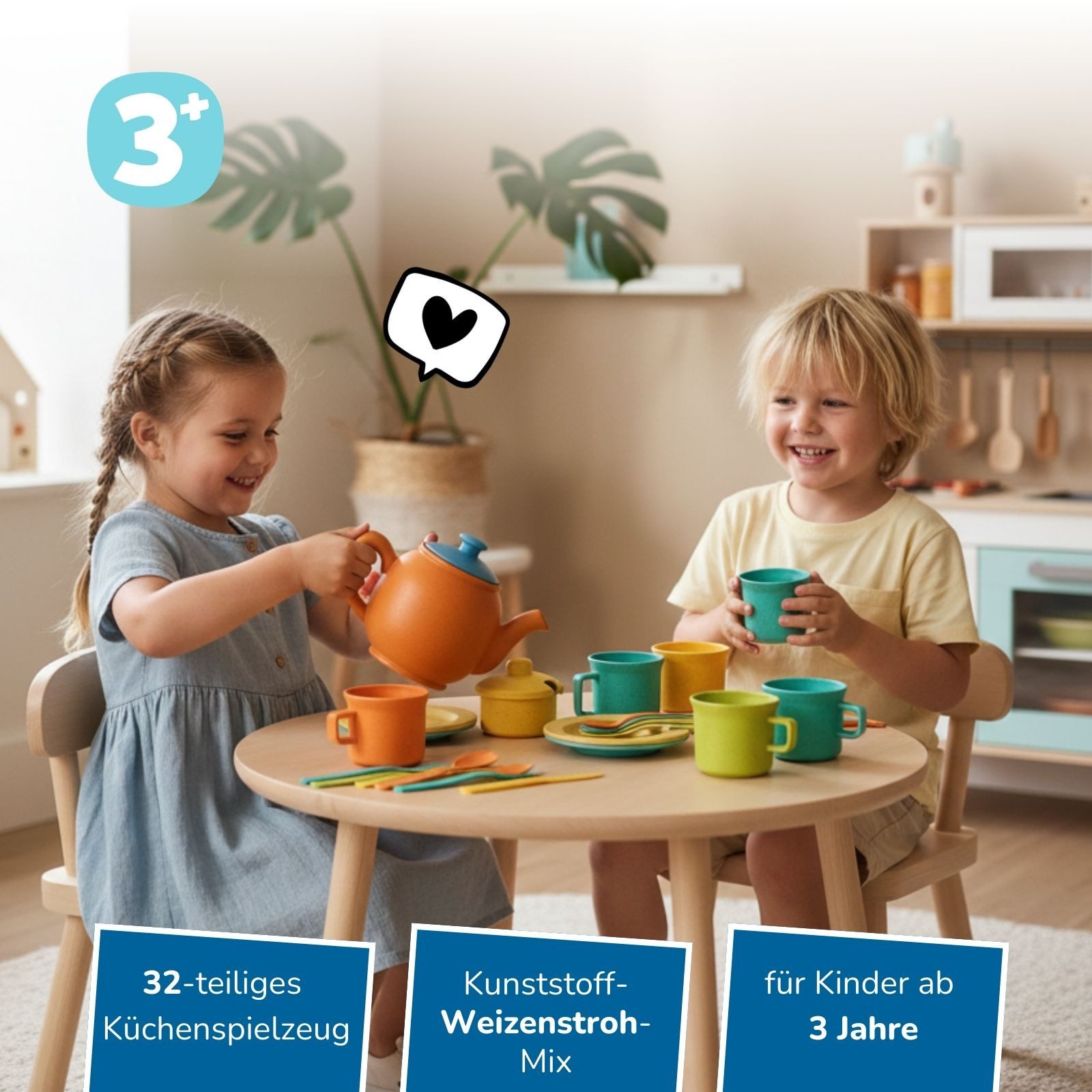 alldoro Spielgeschirr Kinderküchen Teeservice mit Besteck, 32-teilig, für Kinder ab 3 Jahre, (32-tlg), Puppengeschirr aus Kunststoff- Weizenstroh Mix für Rollenspiele