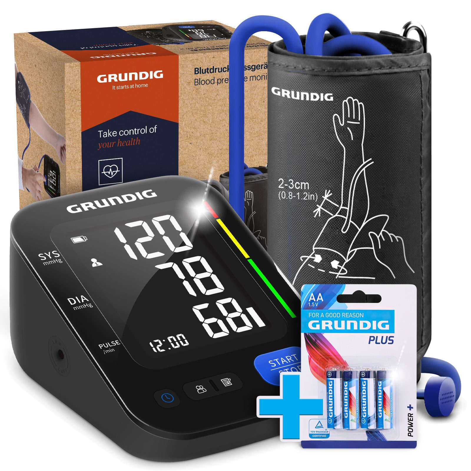 Grundig Oberarm-Blutdruckmessgerät Blutdruckmessgerät Oberarm präzise einfache Bedienung inkl. Batterien