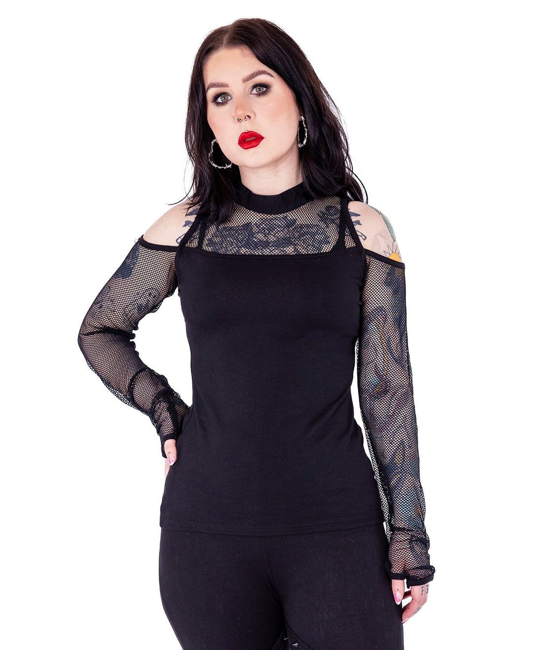 Poizen Industries Shirttop Inez Netzärmel Gothic Netzshirt Punk Net Oberteil Schwarz