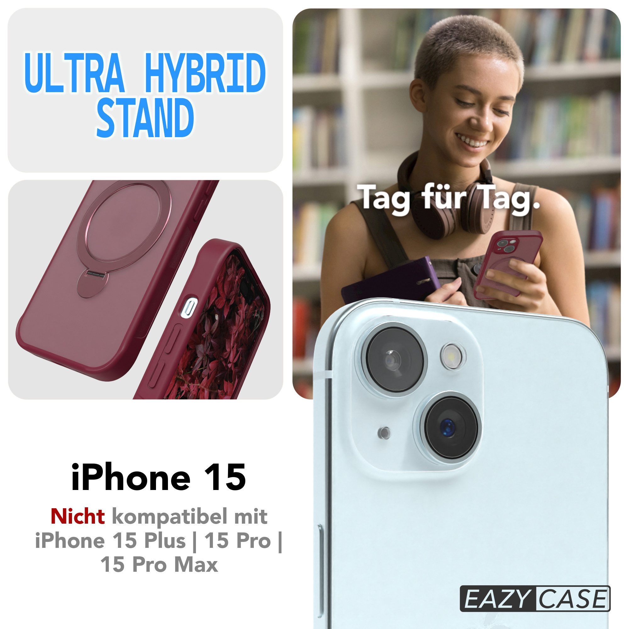 EAZY CASE Handyhülle Outdoor iPhone 15 Case MagSafe Rotation Ring 6,1 Zoll, Backcover Tasche Case Schutzhülle Kameraschutz Bumper Dunkelrot