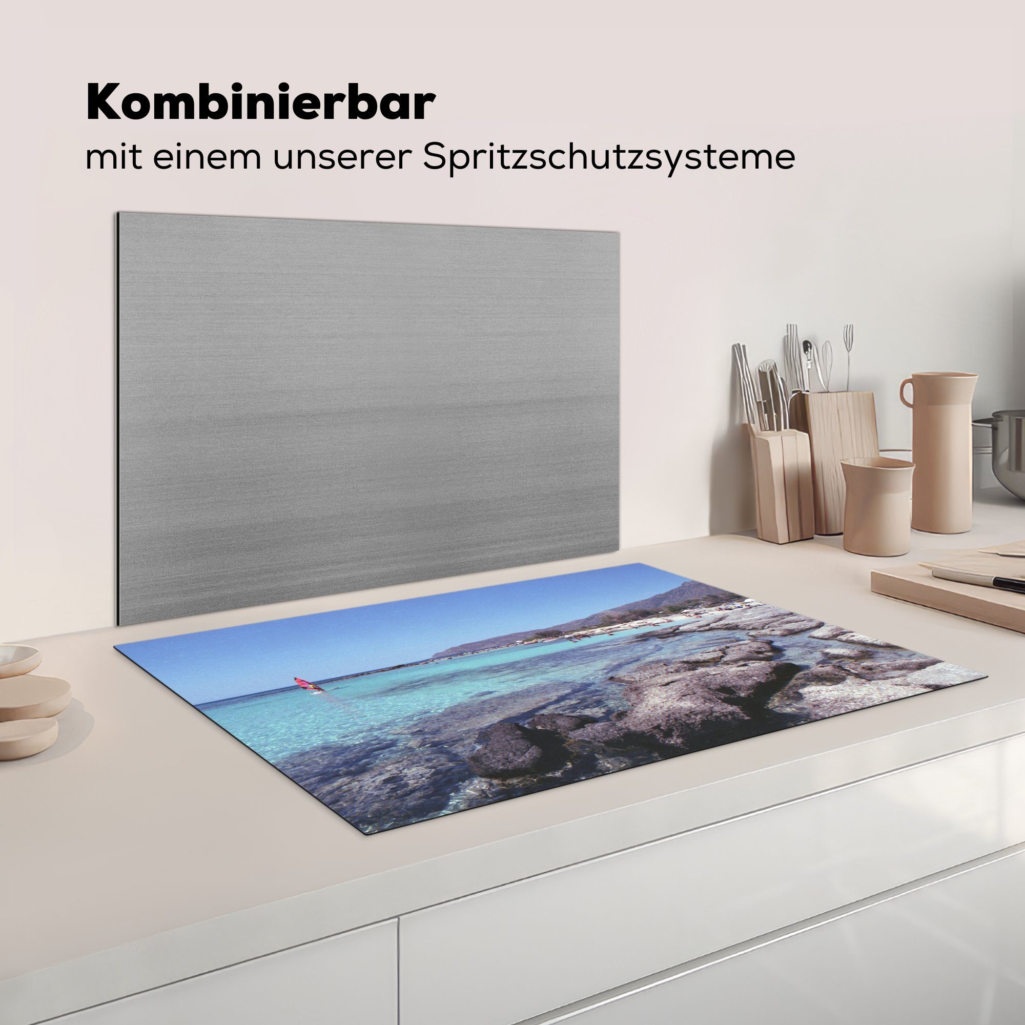 die Schutz von tlg), liegen Große küche, MuchoWow Felsbrocken Elafonisi, Induktionskochfeld Ceranfeldabdeckung cm, 81x52 für Herdblende-/Abdeckplatte (1 am Vinyl, Strand