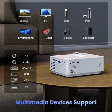 HOPVISION Native 1080P Multimedia Heimkino Mini Bluetooth 5.1 100'' Bildschirm Portabler Projektor (9500 lm, 10000:1, 1920*1080 px, kompatibel mit HDMI, USB, AV, Smartphone, Pad, TV Box, Laptop)