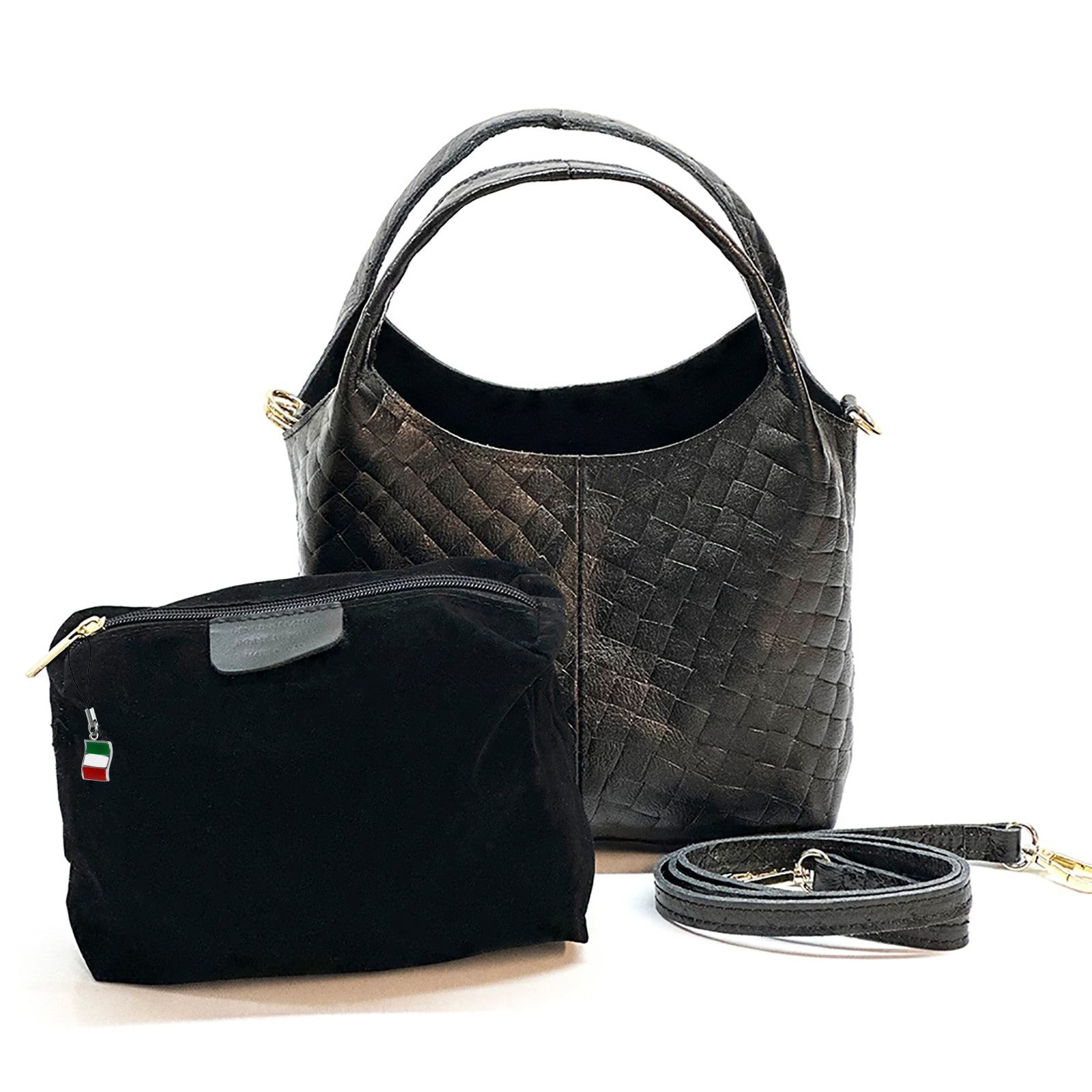 FLORENCE Schultertasche Florence Damen Umhängetasche Leder Tasche (Schultertasche), Damen Schultertasche Echtes Leder, schwarz ca. 21cm hoch, Steppmuster