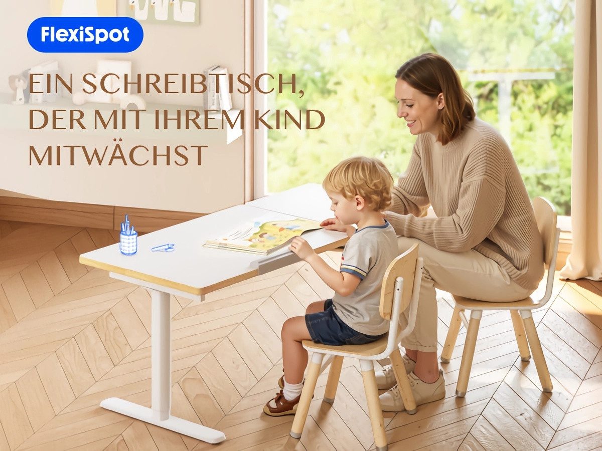 FLEXISPOT Schreibtisch Kinderschreibtisch Höhenverstellbar (mit neigbarer Tischplatte, mit LED-Höhenanzeige & 3 Speicherplätzen, MIT Haken, 16mm Abgerundete Tischecken), Kindersicherung, für Kinder ab 6 Jahren